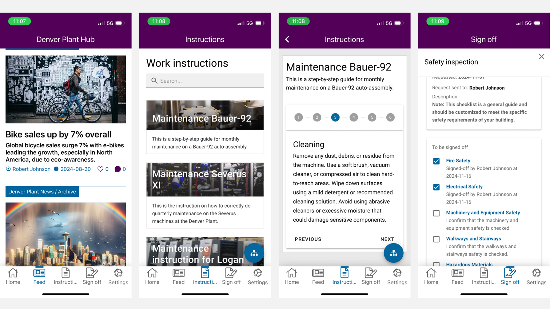 Corporate Intranet Software Example: Four mobile screens showing intranet access to news, checklists, instructions, and personal task list. Corporate Intranet Software Example: Four mobile screens showing intranet access to news, checklists, instructions, and personal task list.