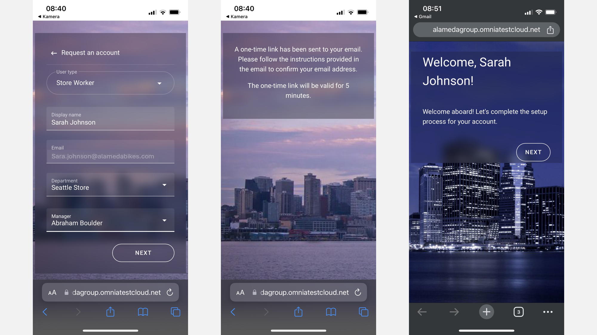 Mobile intranet onboarding flow showing simplified access for frontline and deskless employees without corporate email accounts. Mobile intranet onboarding flow showing simplified access for frontline and deskless employees without corporate email accounts.