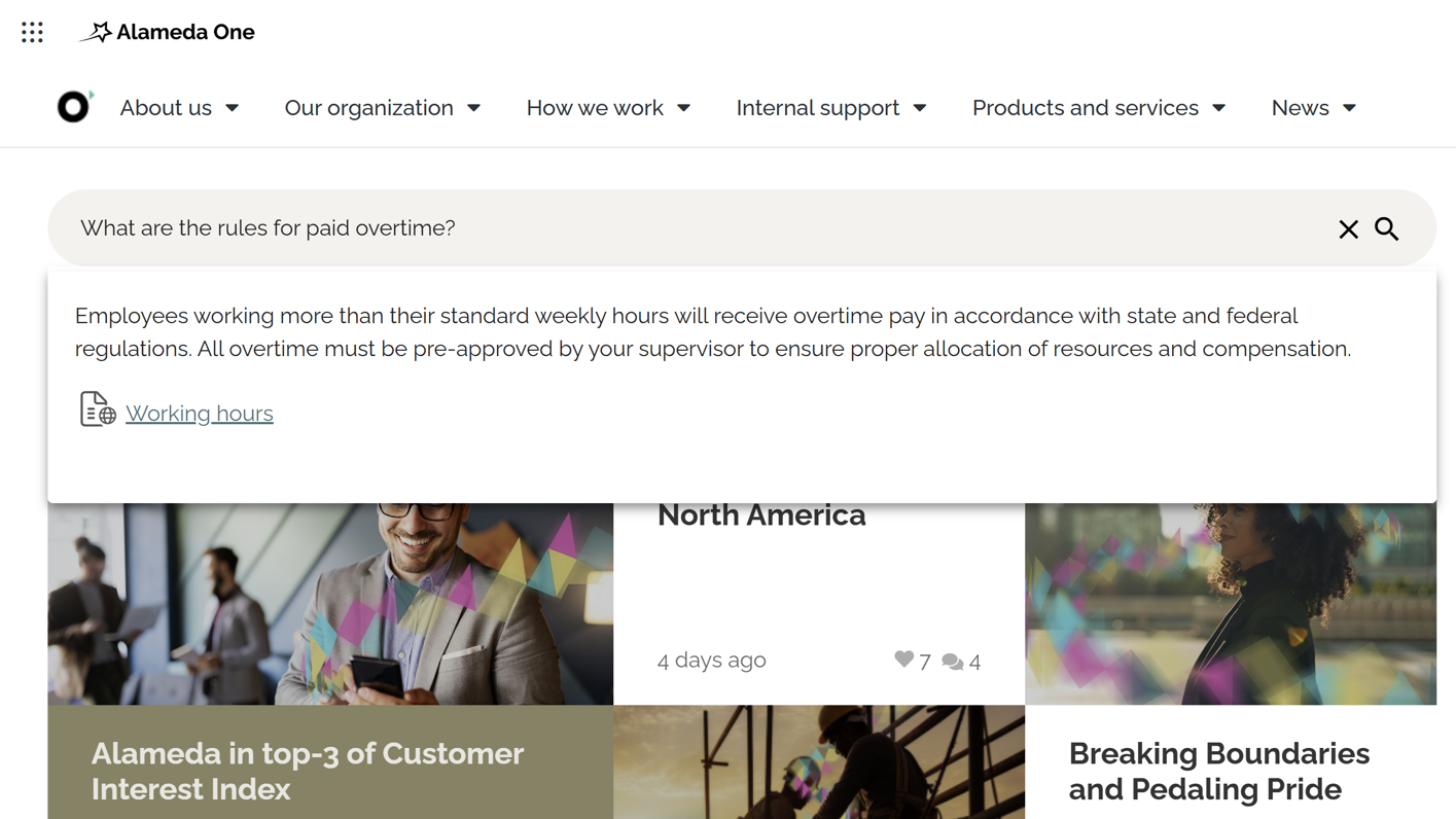 Intranet Homepage Example: Intranet homepage example with AI-powered semantic search and navigation filters. Intranet Homepage Example: Intranet homepage example with AI-powered semantic search and navigation filters.