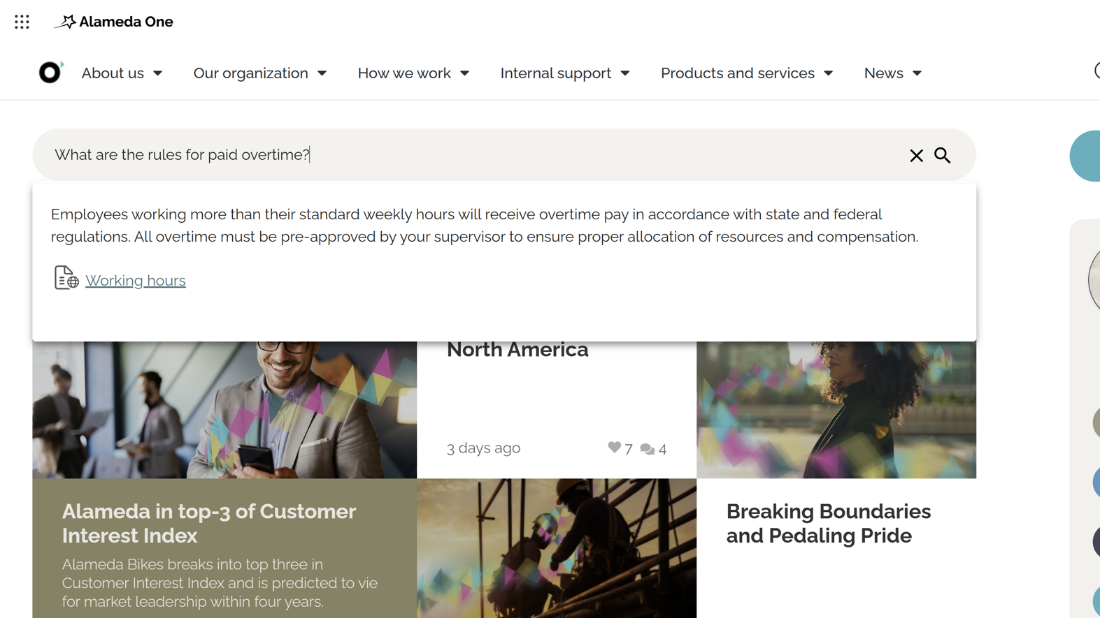 Intranet homepage search design featuring semantic search and filters to help employees find information instantly. Intranet homepage search design featuring semantic search and filters to help employees find information instantly.
