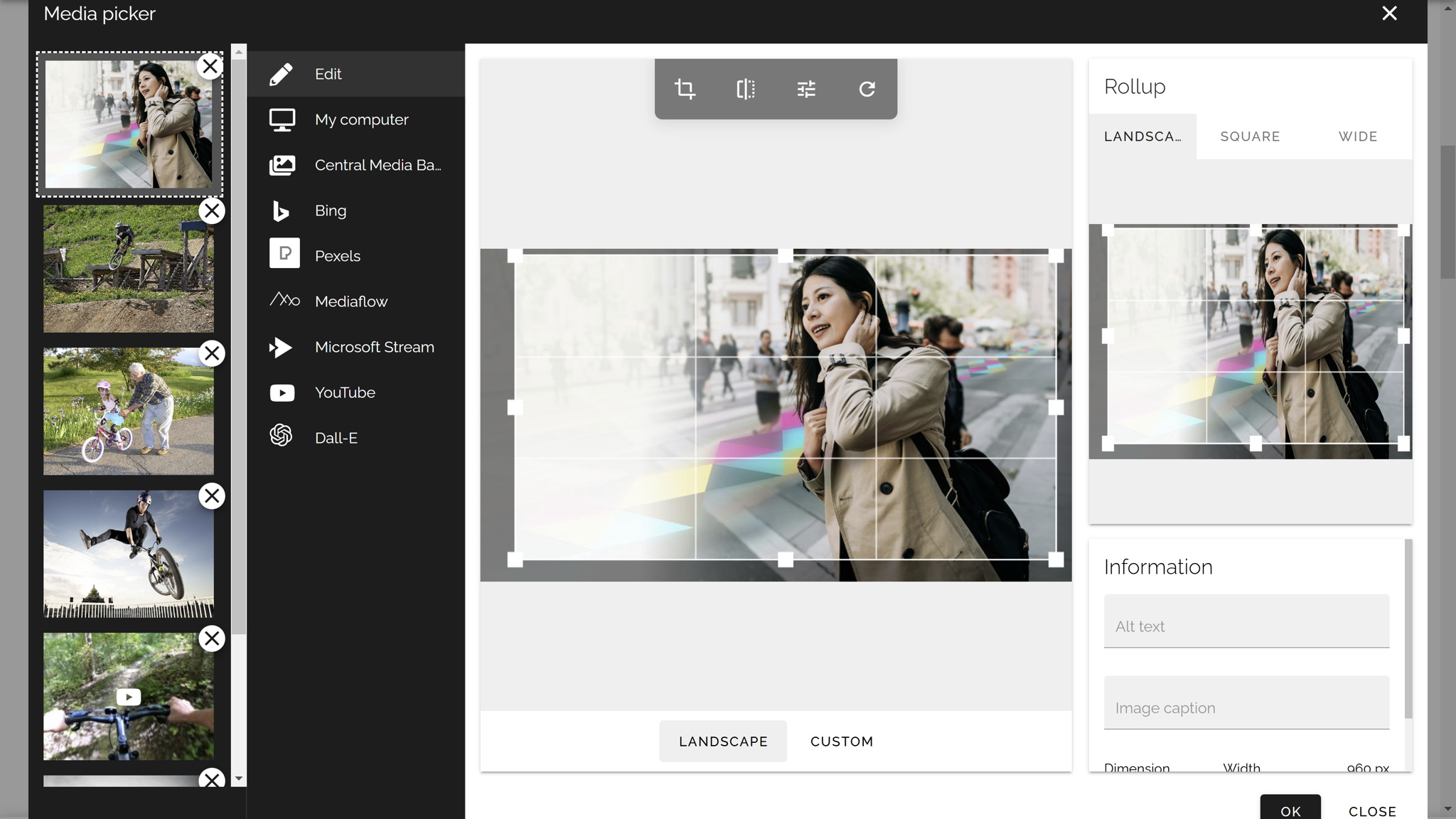 Intranet CMS Example: media picker interface for adding and editing images and videos in intranet content. Intranet CMS Example: media picker interface for adding and editing images and videos in intranet content.