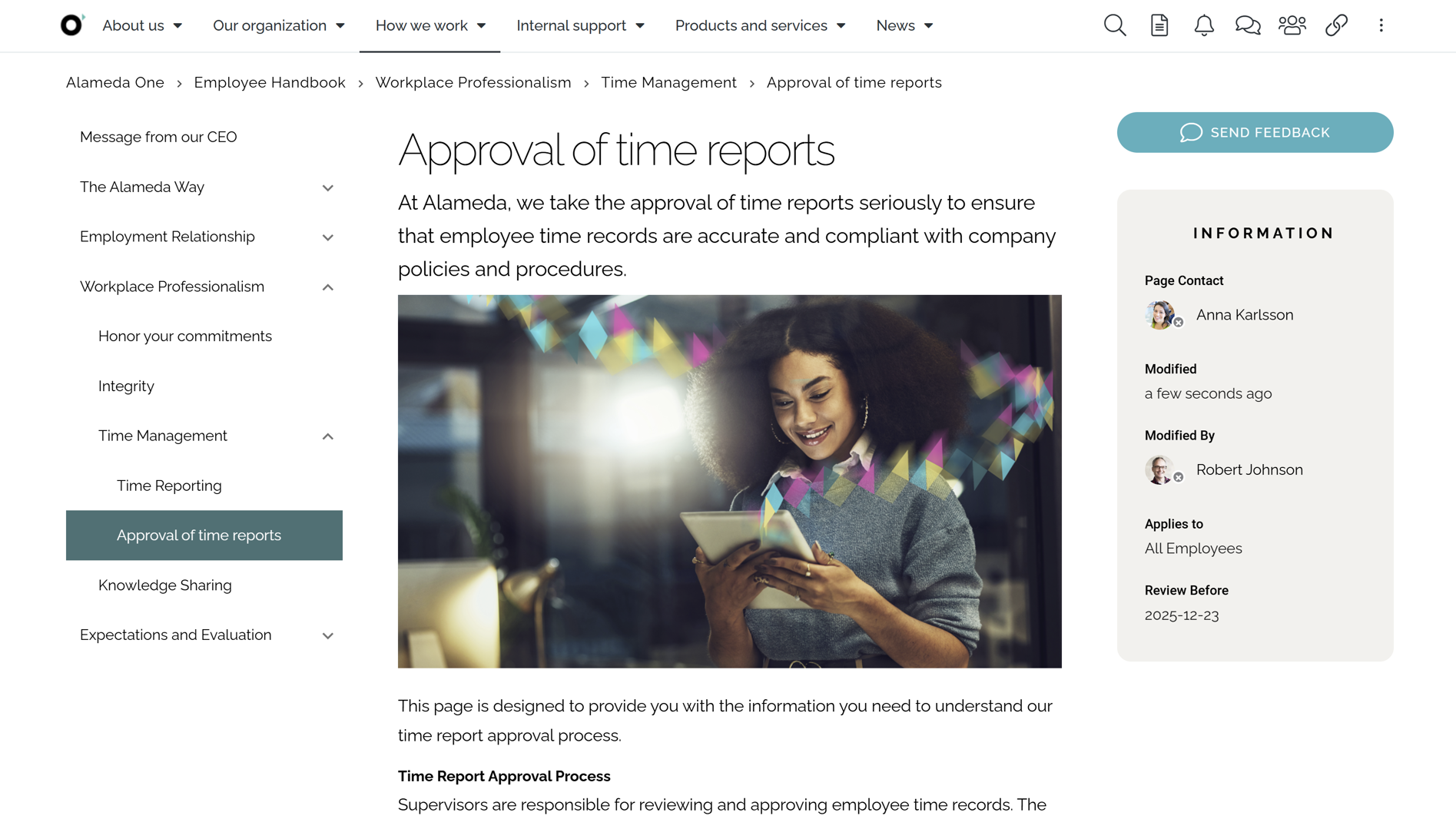 Employee handbook page shown as an intranet navigation example, using left-hand navigation and breadcrumbs to improve findability. Employee handbook page shown as an intranet navigation example, using left-hand navigation and breadcrumbs to improve findability.