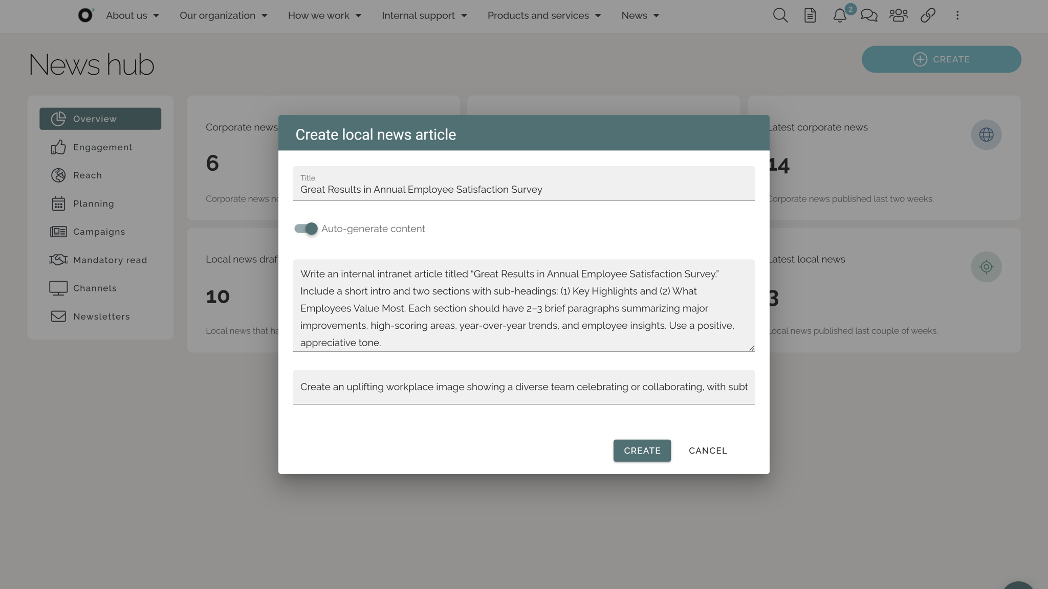 Intranet AI example: Creating a first draft of text and image for a news article. Intranet AI example: Creating a first draft of text and image for a news article.