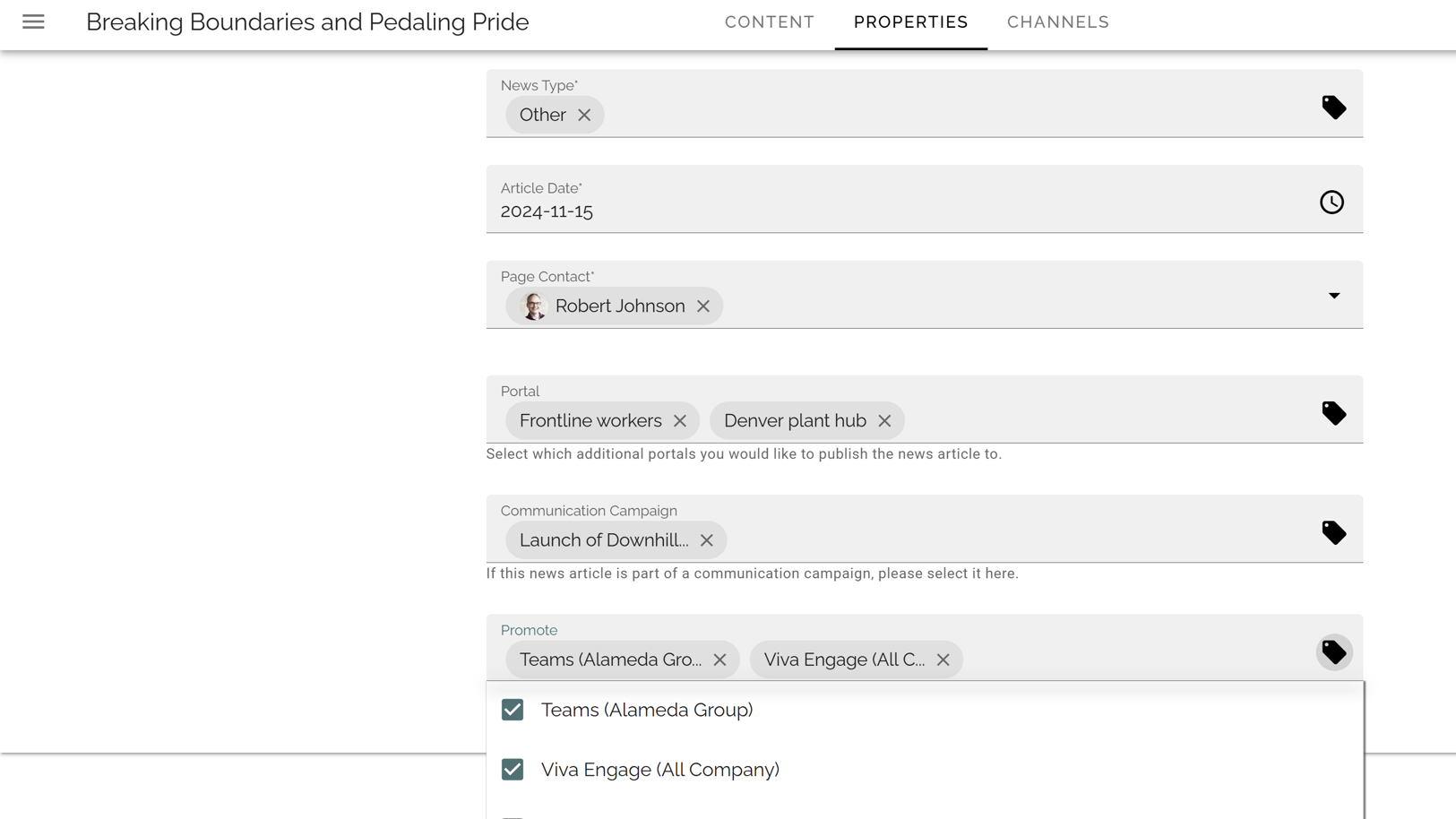Internal communication intranet showing editors targeting news content by role, department, and location. Internal communication intranet showing editors targeting news content by role, department, and location.