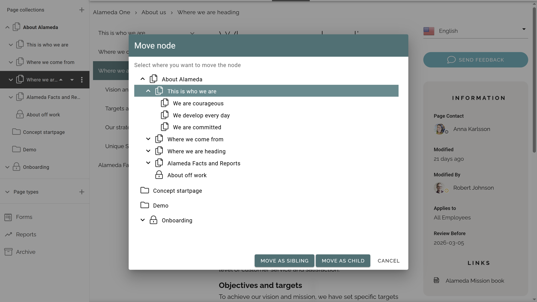 Screenshot showing intranet navigation editor with global and section-level menus to enhance user experience and support flexible information architecture. Screenshot showing intranet navigation editor with global and section-level menus to enhance user experience and support flexible information architecture.