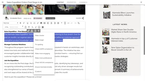 AI-assisted content optimisation in an intranet platform improving clarity and tone of internal news