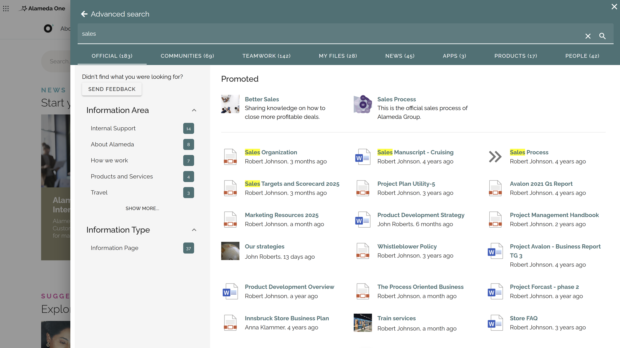 SharePoint Intranet Example: Smart search results page featuring filters, refiners, and promoted content blocks. SharePoint Intranet Example: Smart search results page featuring filters, refiners, and promoted content blocks.