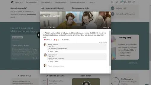 HR Intranet Best Practice: Employee engagement software with peer recognition features celebrates achievements and strengthens workplace culture.