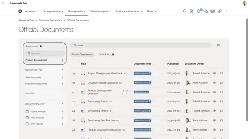 Microsoft 365 document center interface with search and filter options for controlled business documents.