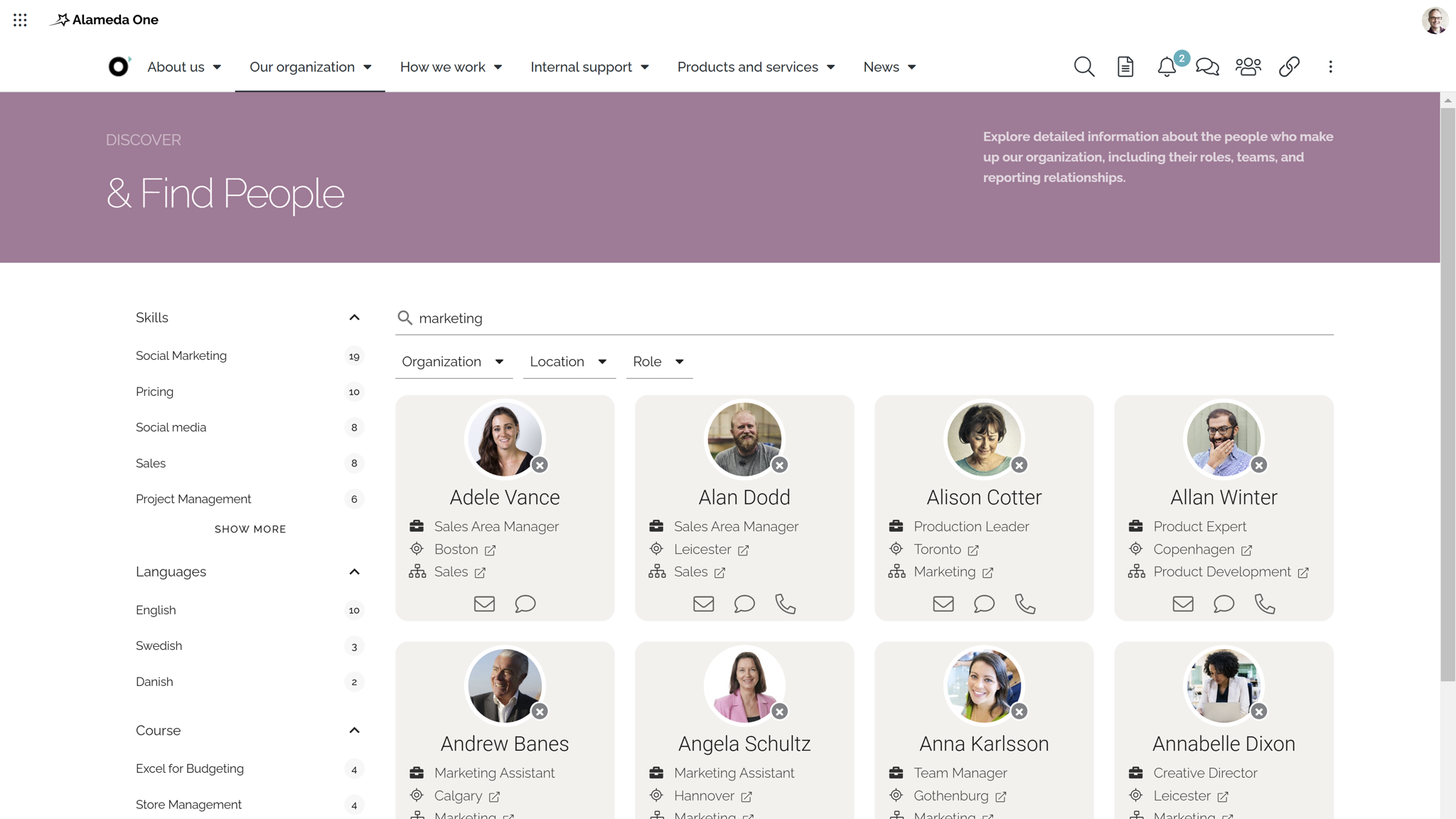 Modern intranet features example: people search tool with custom filters and refiners to locate colleagues and expertise. Modern intranet features example: people search tool with custom filters and refiners to locate colleagues and expertise.
