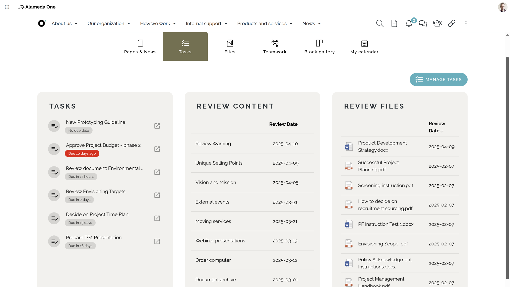 SharePoint intranet example: Customized intranet dashboard showing tasks, news, and content suggestions. SharePoint intranet example: Customized intranet dashboard showing tasks, news, and content suggestions.