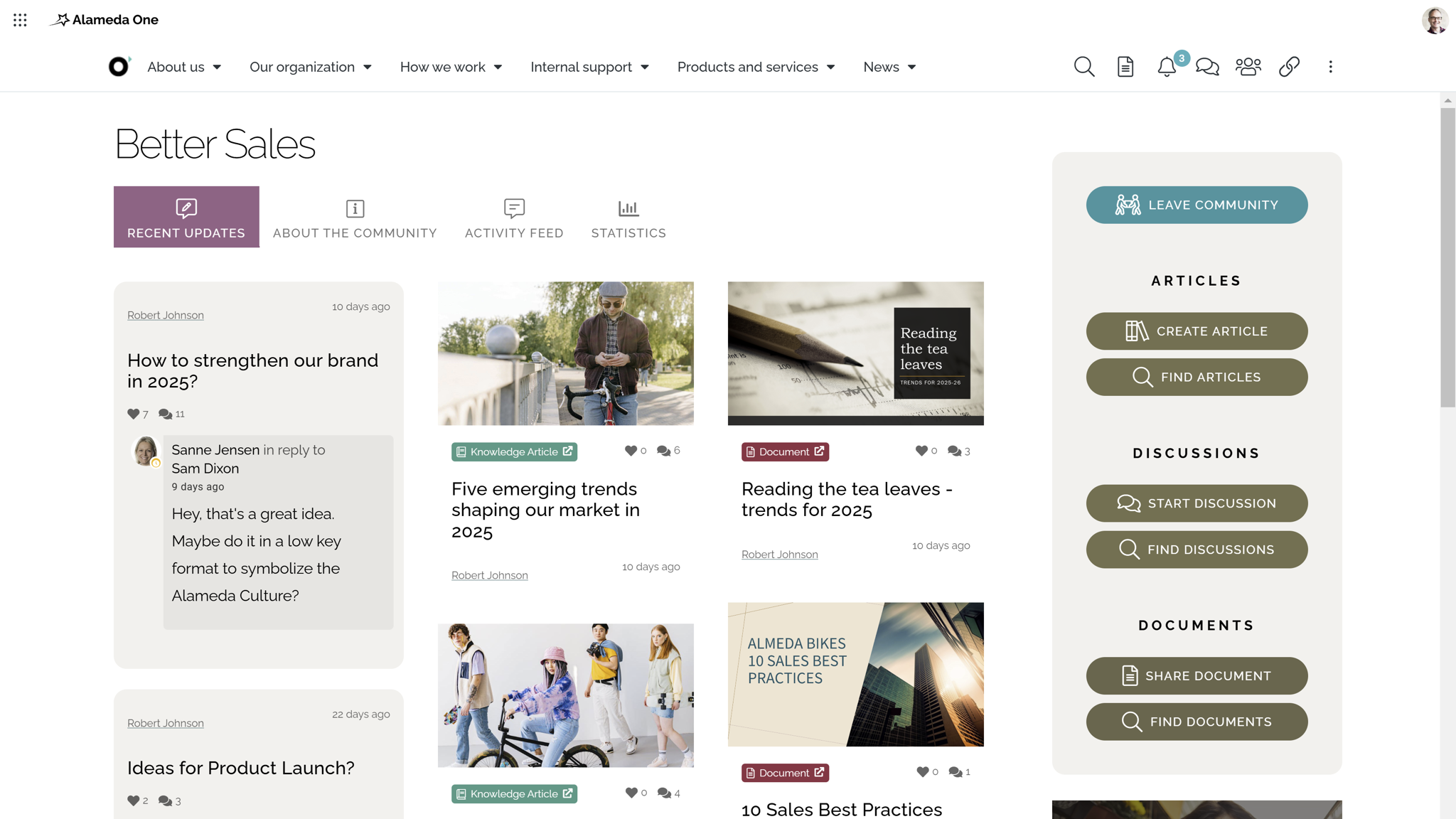 Modern intranet features example: intranet community workspace with documents, blog posts, and discussion threads. Modern intranet features example: intranet community workspace with documents, blog posts, and discussion threads.