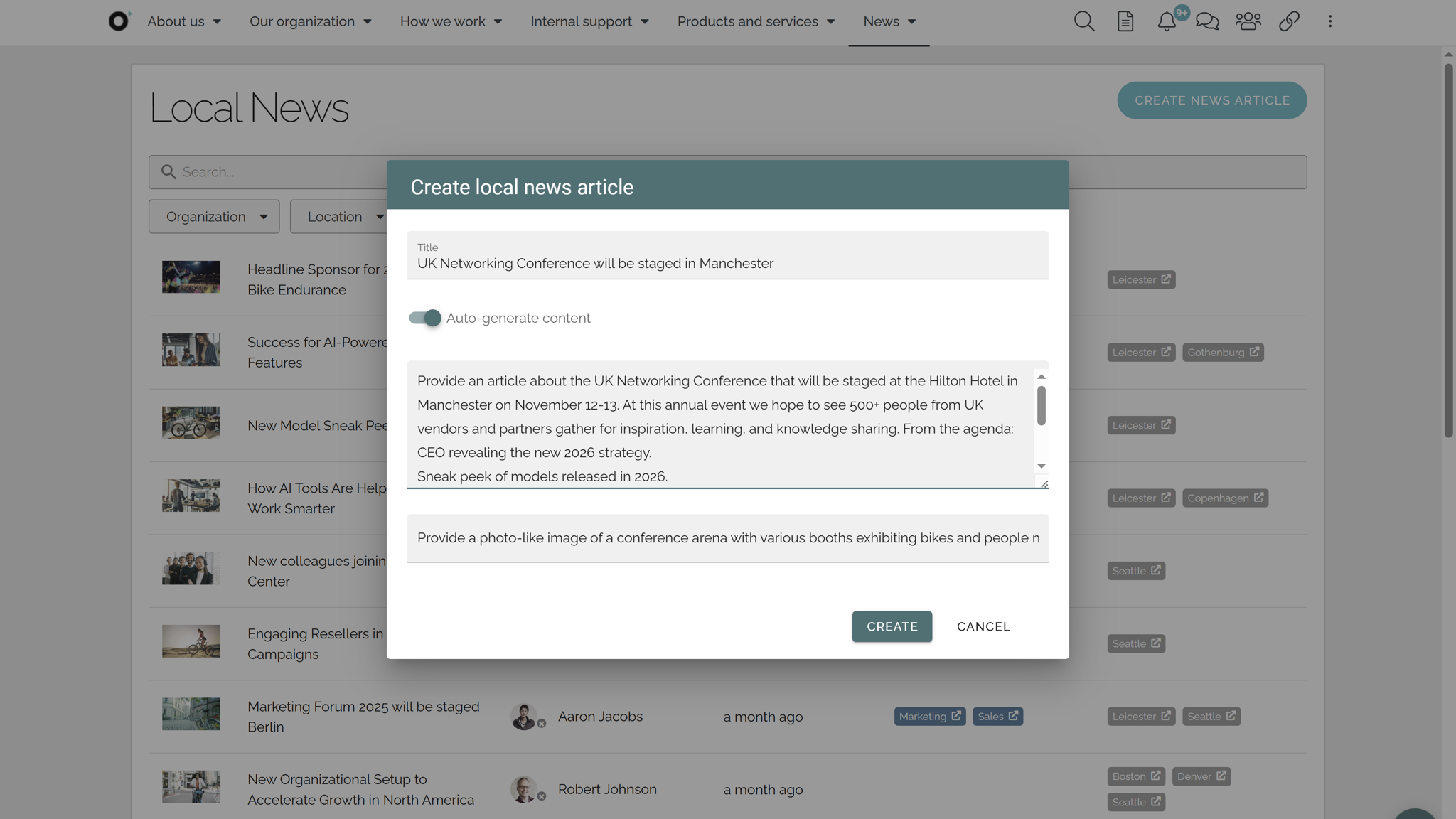 AI features in intranet showing AI-generated article drafts created from simple prompts. AI features in intranet showing AI-generated article drafts created from simple prompts.