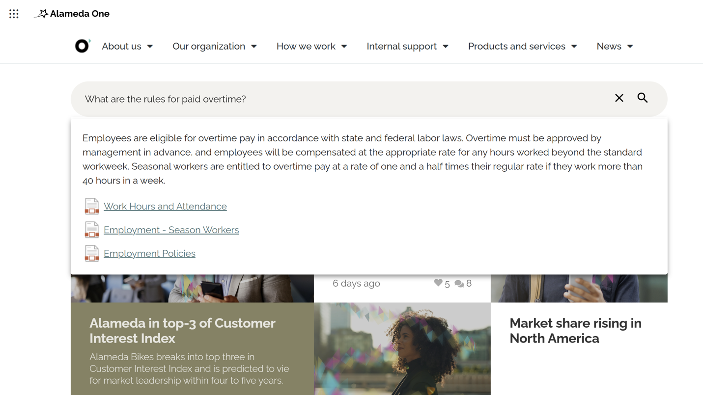Intranet site search page using natural language queries and AI-powered filters to find documents and resources. Intranet site search page using natural language queries and AI-powered filters to find documents and resources.
