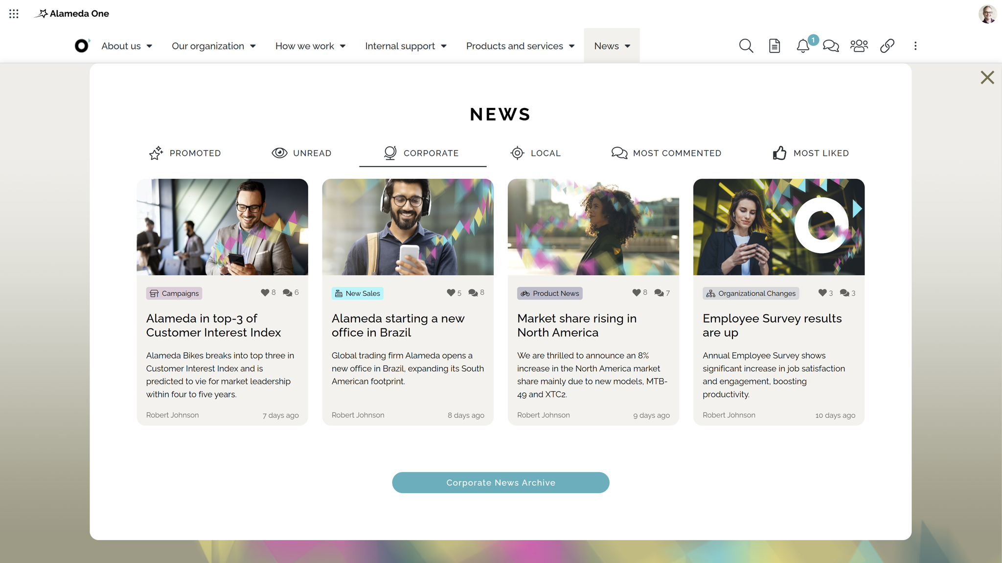 Intranet website example with mega menu navigation to company news and updates. Intranet website example with mega menu navigation to company news and updates.