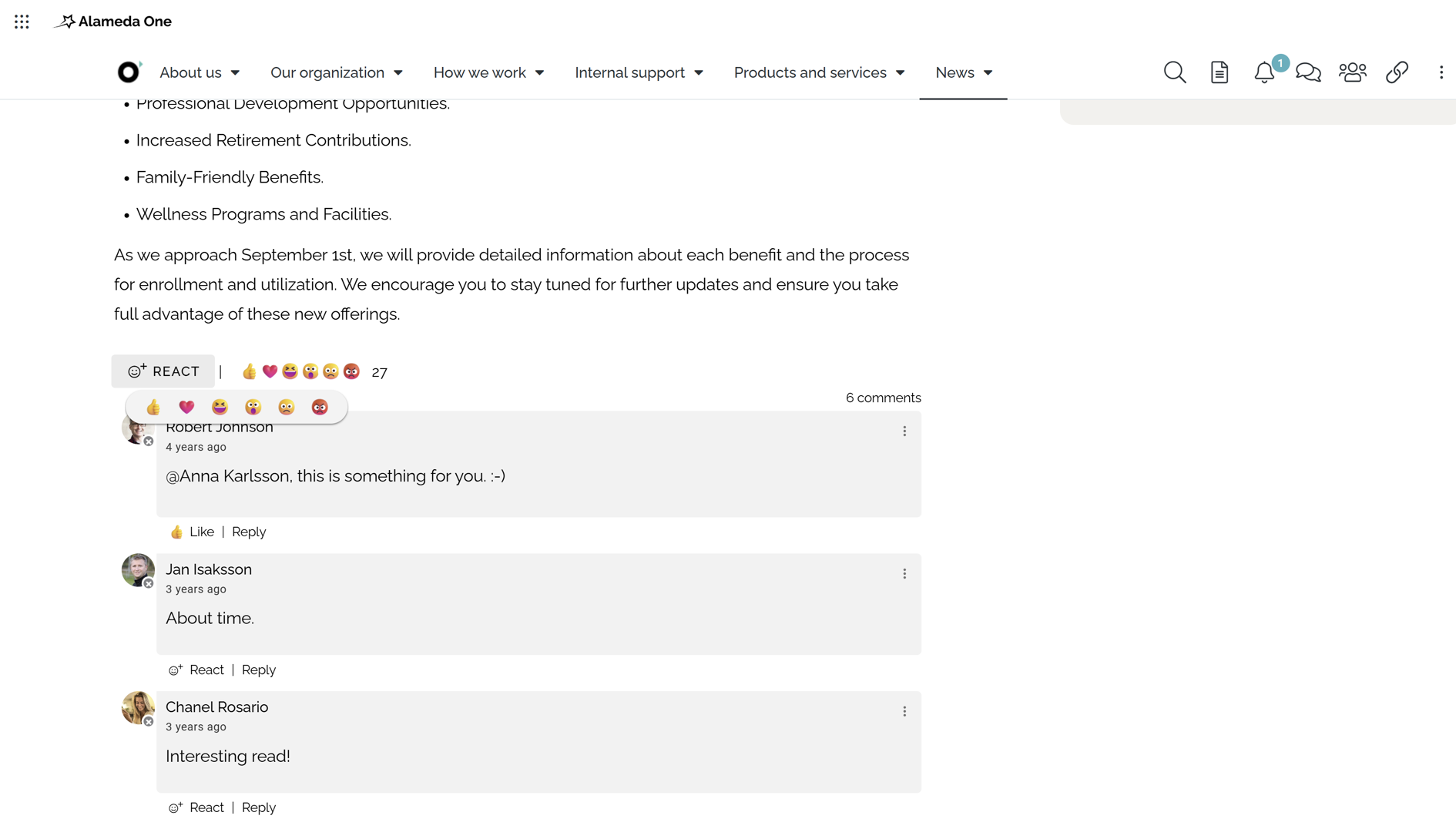 Internal communication intranet with social features such as comments, likes, and polls for employee interaction. Internal communication intranet with social features such as comments, likes, and polls for employee interaction.