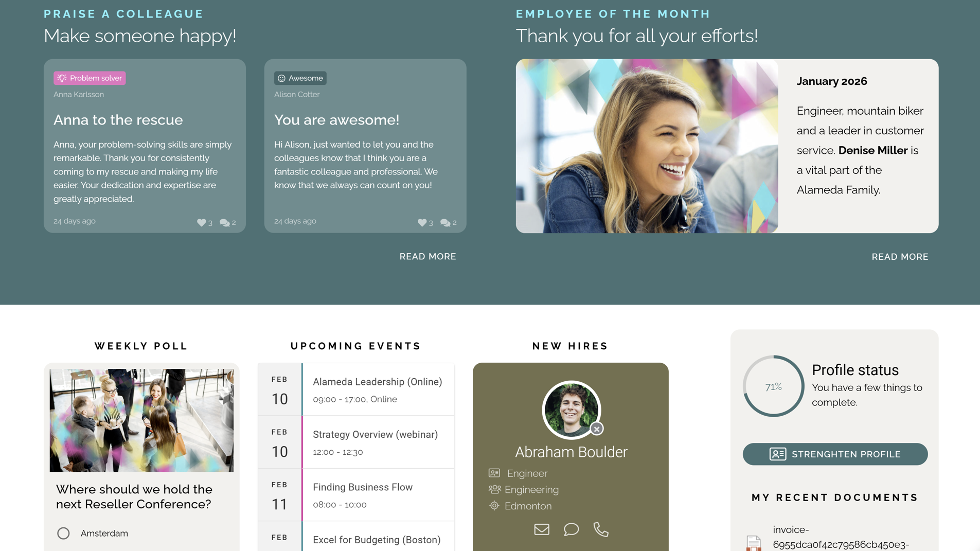Intranet homepage showcasing employee recognition, new hires, and peer-to-peer praise to support engagement and culture. Intranet homepage showcasing employee recognition, new hires, and peer-to-peer praise to support engagement and culture.