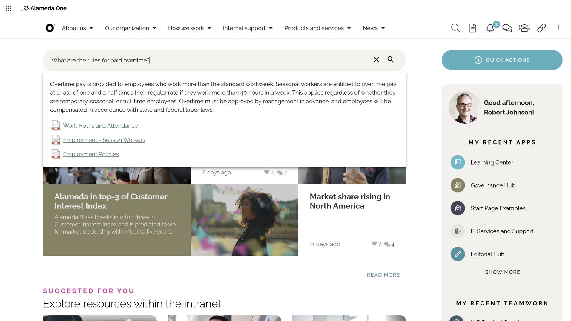 Intranet semantic search showing AI-driven results for natural language queries across governed documents and web pages. Intranet semantic search showing AI-driven results for natural language queries across governed documents and web pages.