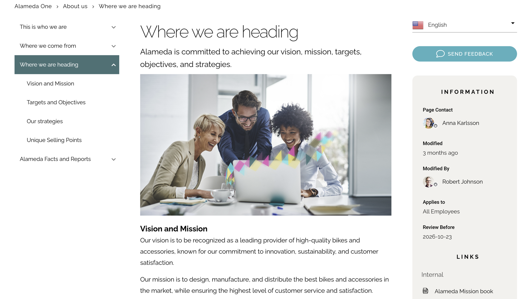 Intranet leadership communication example showing strategy hub with vision, targets, and strategic priorities Intranet leadership communication example showing strategy hub with vision, targets, and strategic priorities
