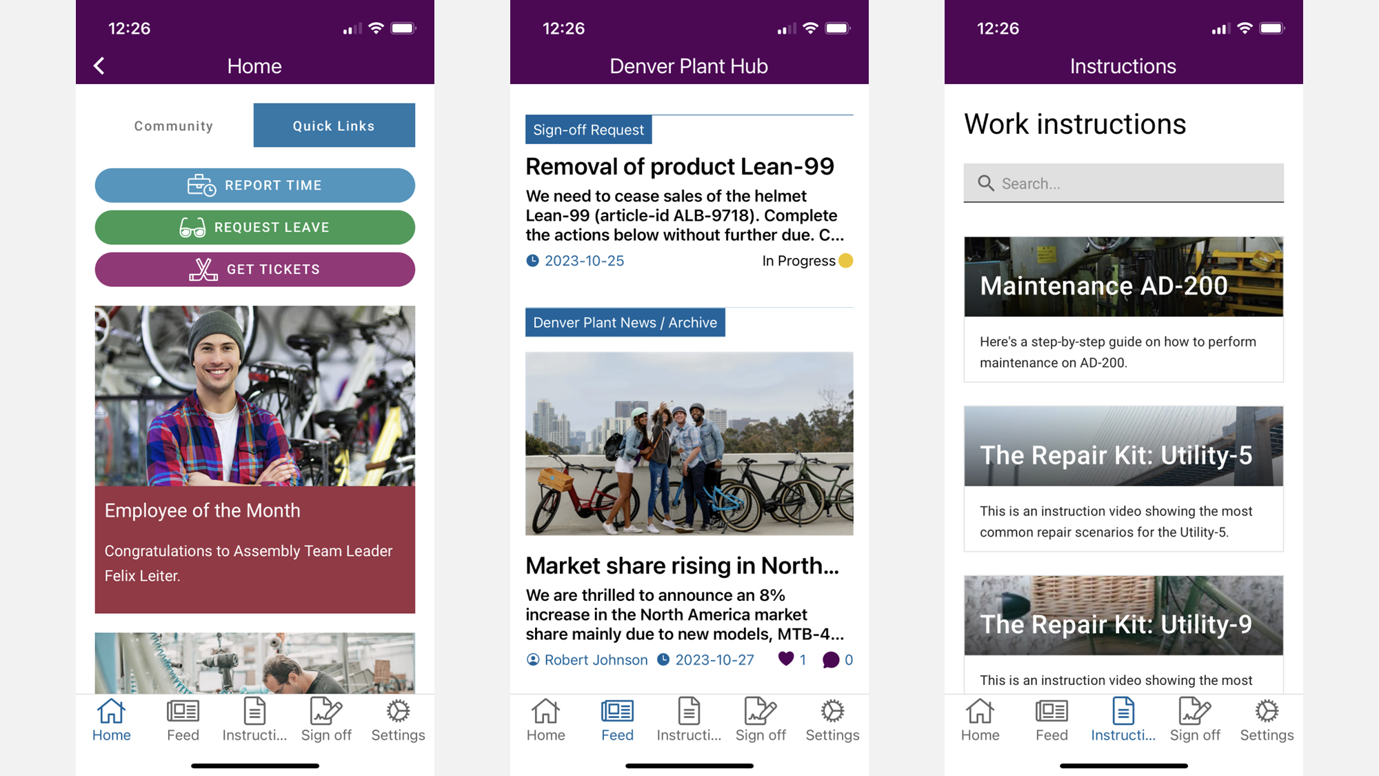 Mobile intranet app designed for frontline work, with task-driven navigation, work instructions, and service access. Mobile intranet app designed for frontline work, with task-driven navigation, work instructions, and service access.