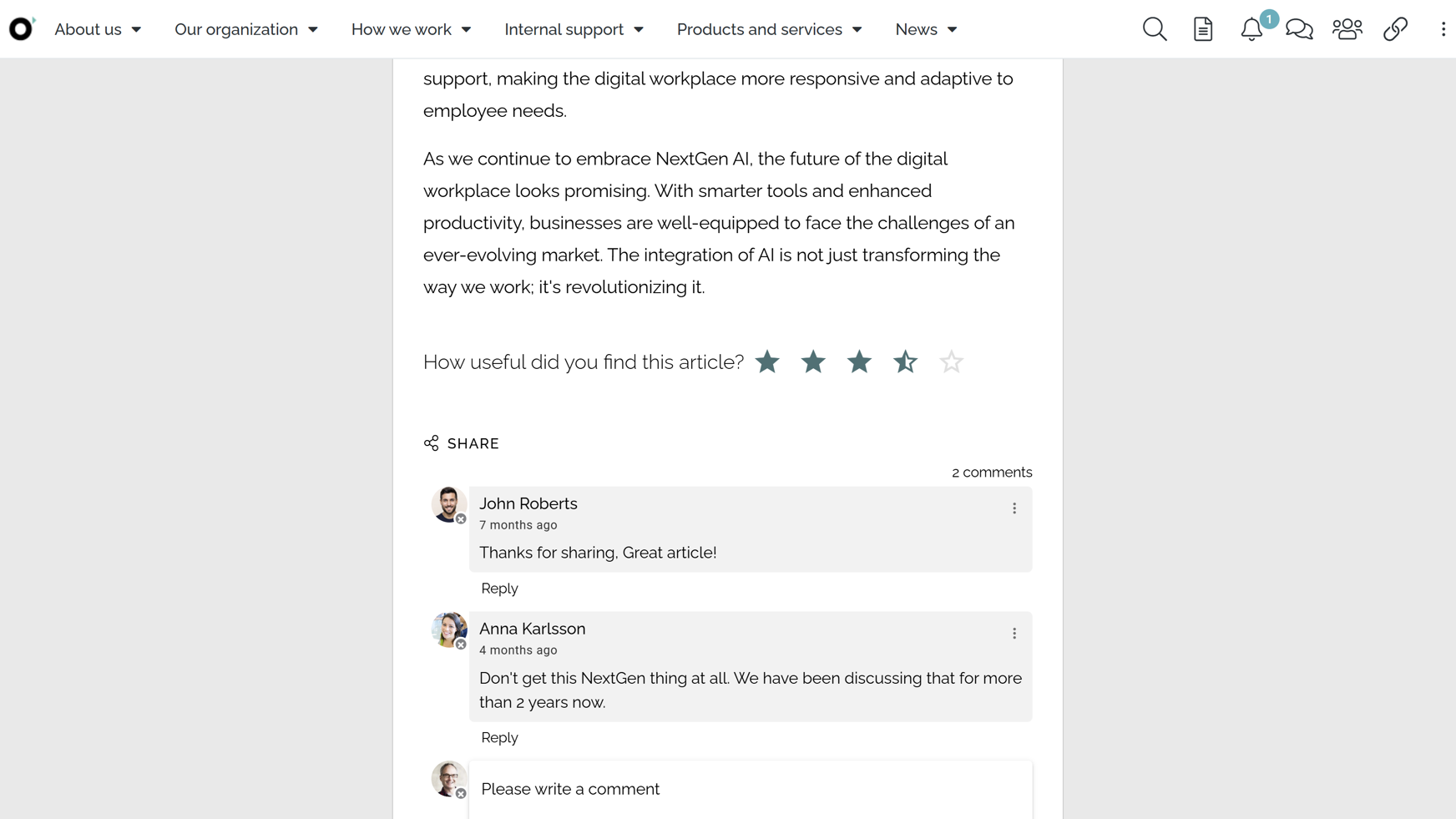 Intranet engagement features allowing employees to rate knowledge articles, comment, and share content via Microsoft Teams and Viva Engage. Intranet engagement features allowing employees to rate knowledge articles, comment, and share content via Microsoft Teams and Viva Engage.