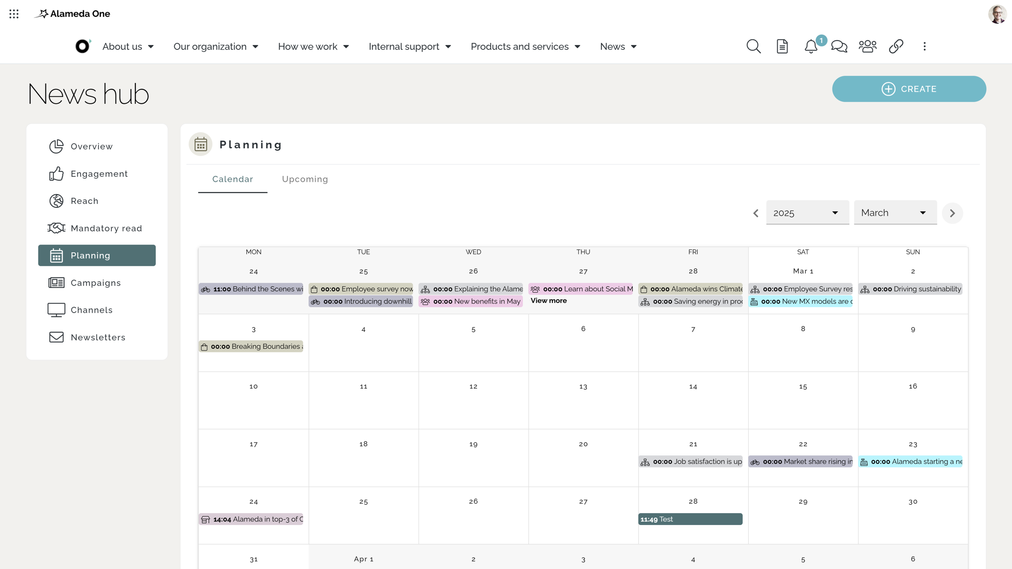 Internal communication intranet featuring a communication calendar used to manage cadence and content scheduling. Internal communication intranet featuring a communication calendar used to manage cadence and content scheduling.