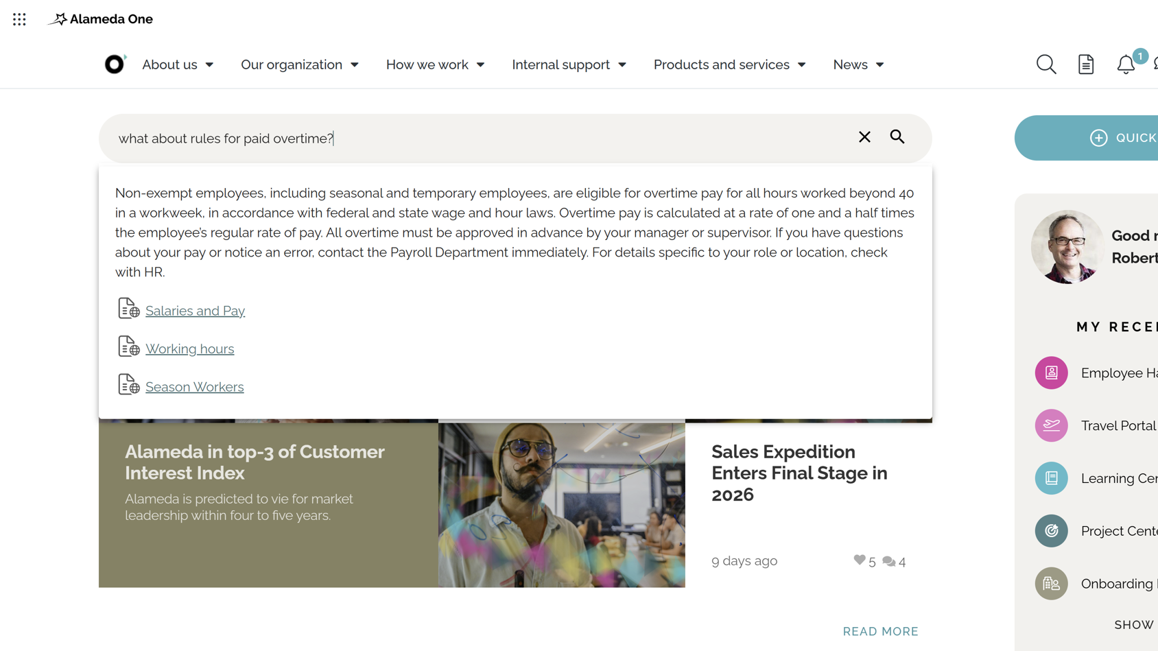 Intranet search and navigation example with AI-powered semantic search delivering direct answers to improve intranet findability Intranet search and navigation example with AI-powered semantic search delivering direct answers to improve intranet findability