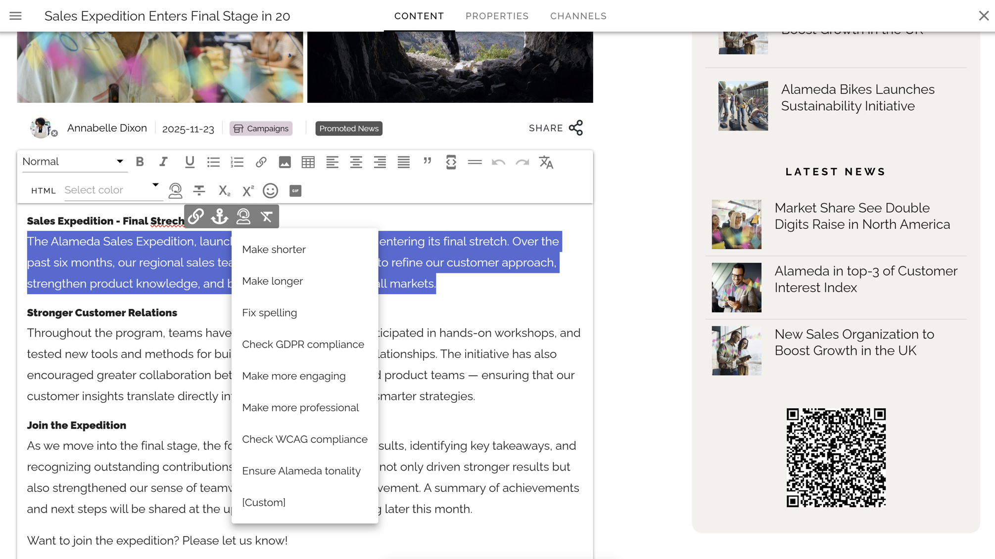 Alt text: Intranet communication idea featuring AI-powered text editing and prompts for improving intranet news articles. Alt text: Intranet communication idea featuring AI-powered text editing and prompts for improving intranet news articles.