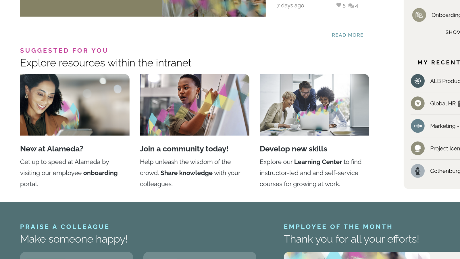 Intranet AI example: Surfacing personalized content on a homepage to provide a relevant experience. Intranet AI example: Surfacing personalized content on a homepage to provide a relevant experience.