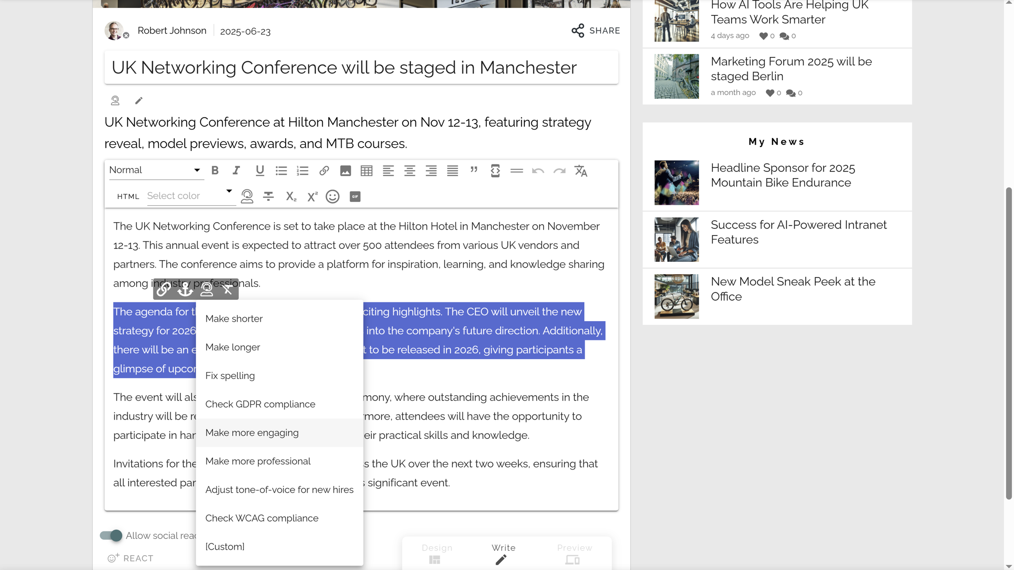 AI features in intranet using intelligent editing prompts to refine tone, clarity, and structure. AI features in intranet using intelligent editing prompts to refine tone, clarity, and structure.