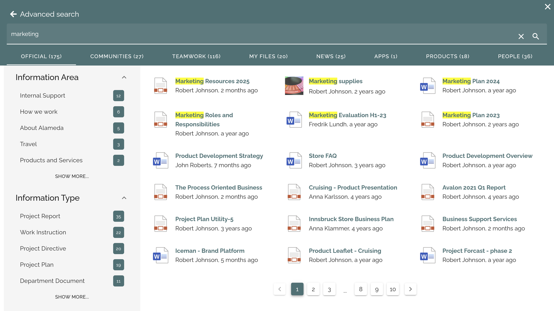 Intranet search interface showing multiple categories and refiners to filter search results effectively. Intranet search interface showing multiple categories and refiners to filter search results effectively.