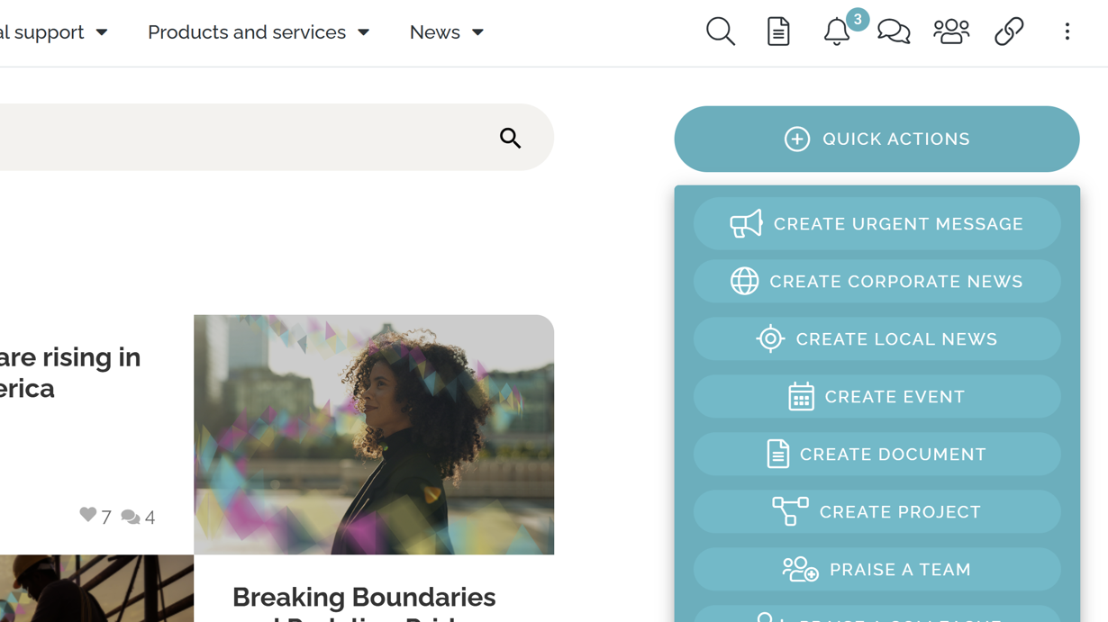 Intranet homepage example with action menu for recurring tasks like document creation and requests. Intranet homepage example with action menu for recurring tasks like document creation and requests.