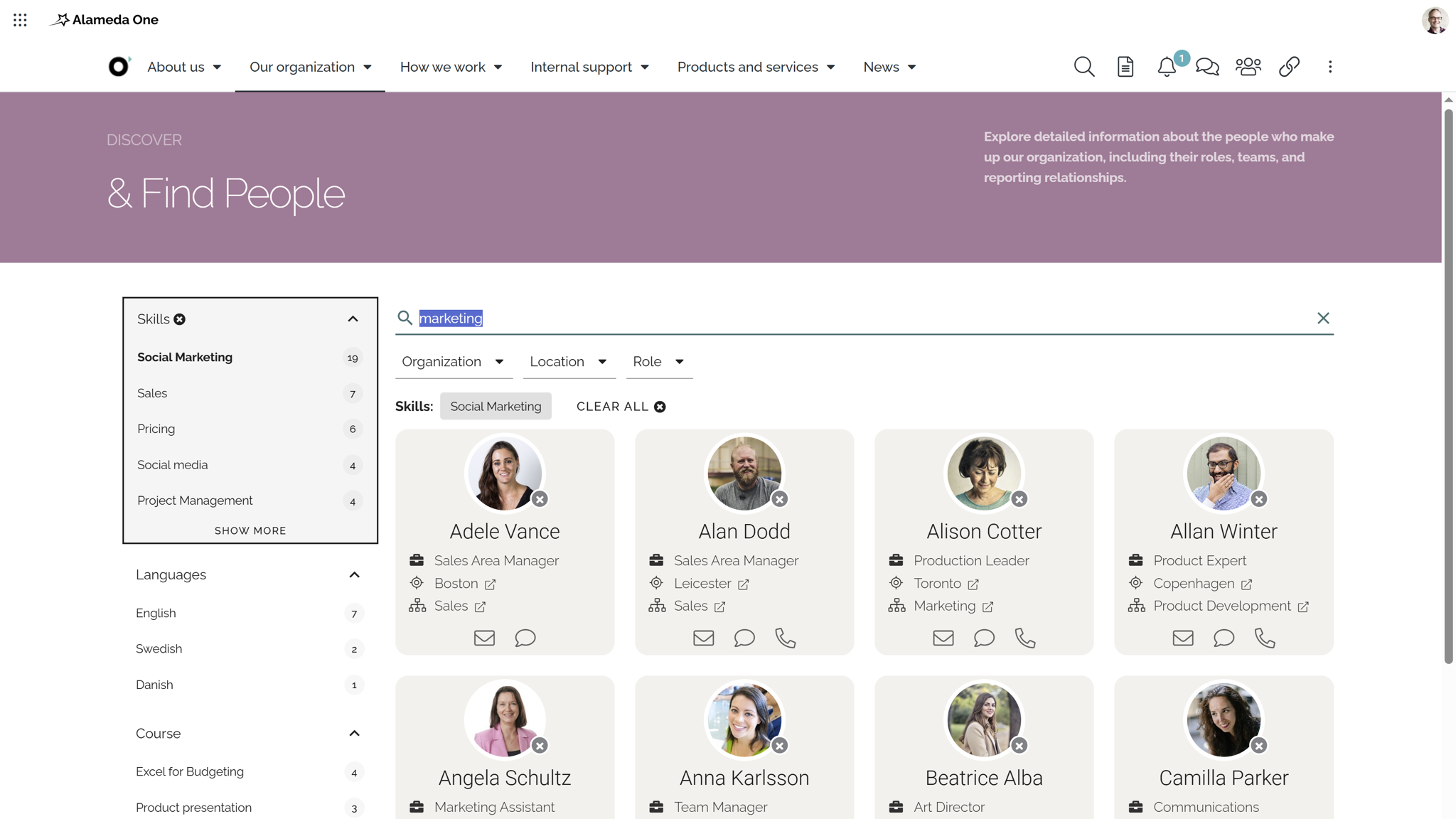 Example of corporate intranet solution search interface with filters for skills, departments, and locations. Example of corporate intranet solution search interface with filters for skills, departments, and locations.