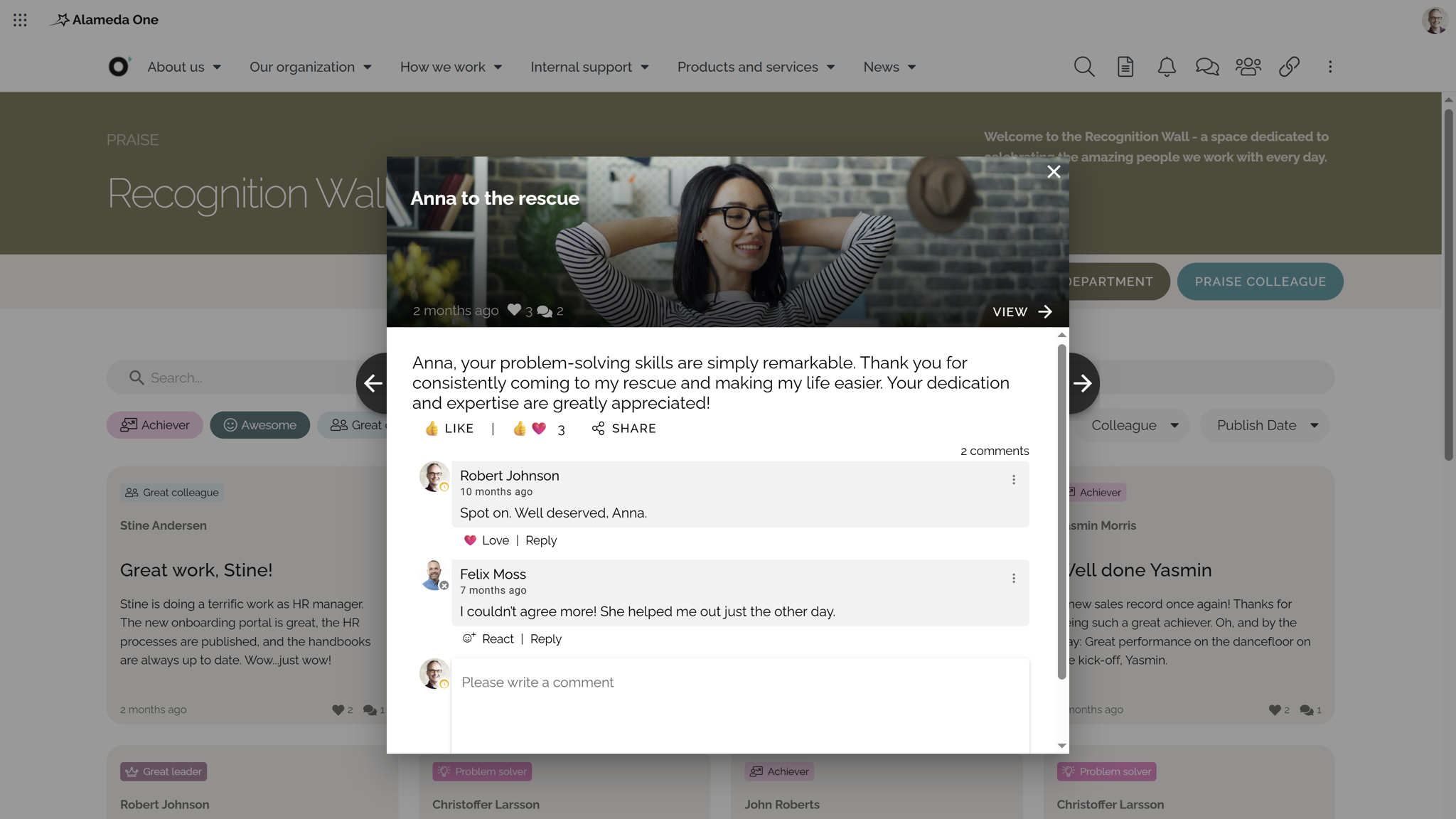 Intranet benefits for employee engagement illustrated by peer recognition and praise shared on the intranet. Intranet benefits for employee engagement illustrated by peer recognition and praise shared on the intranet.