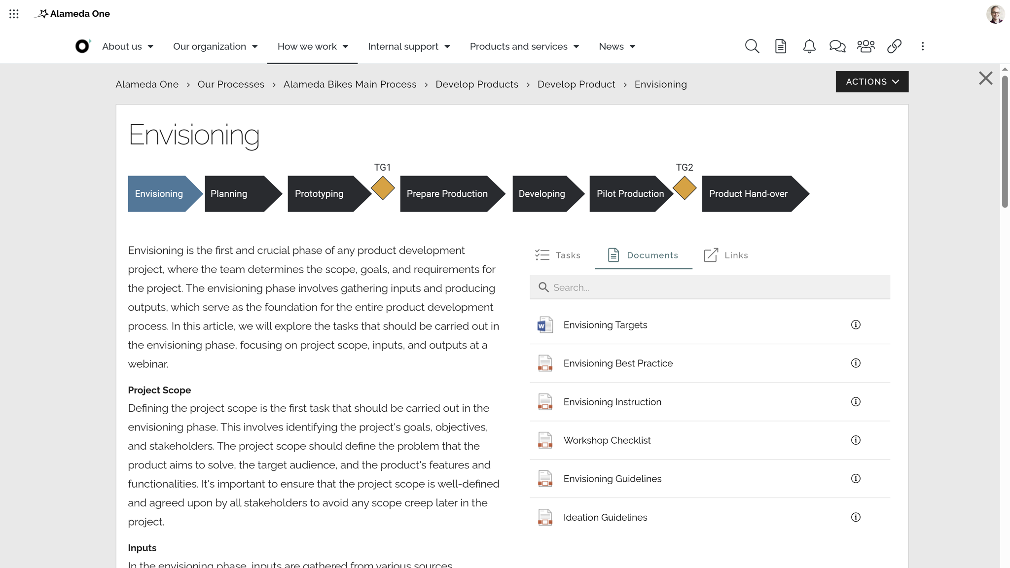 Visual layout of a business process page on the intranet, linking to steering documents, templates, and supporting resources. Visual layout of a business process page on the intranet, linking to steering documents, templates, and supporting resources.