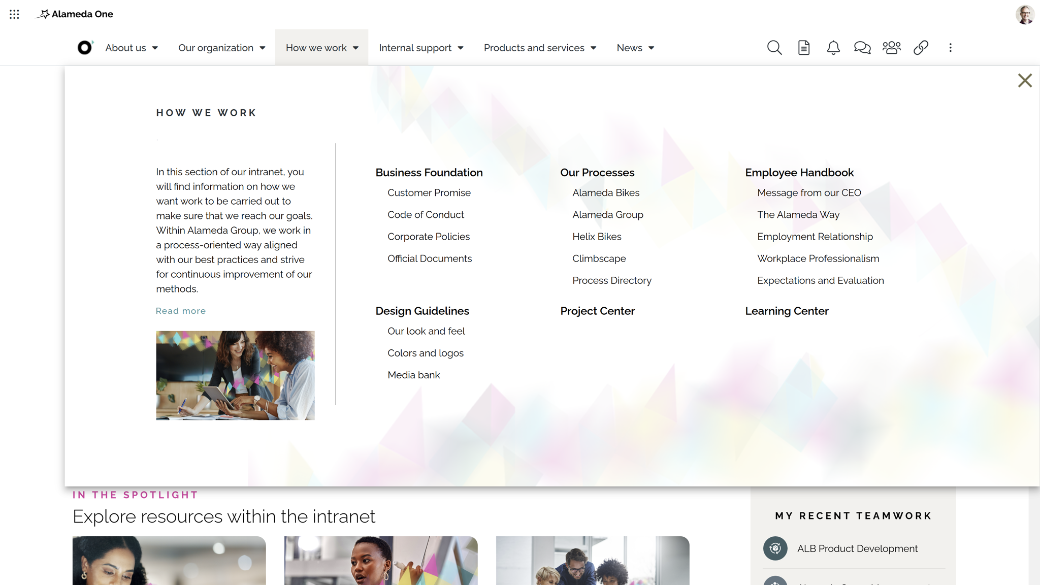 Traditional mega menu shown as one of several intranet navigation examples, offering a two-level overview of intranet pages and sections. Traditional mega menu shown as one of several intranet navigation examples, offering a two-level overview of intranet pages and sections.