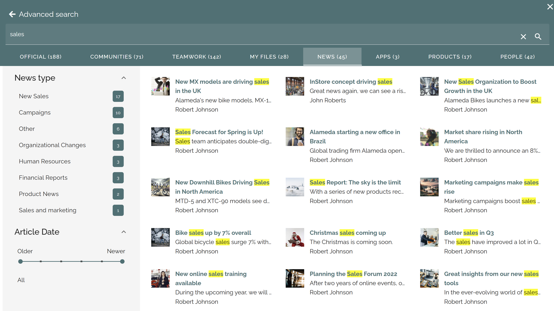 Viewing search hits within the intranet search category News in Advanced search mode. Viewing search hits within the intranet search category News in Advanced search mode.