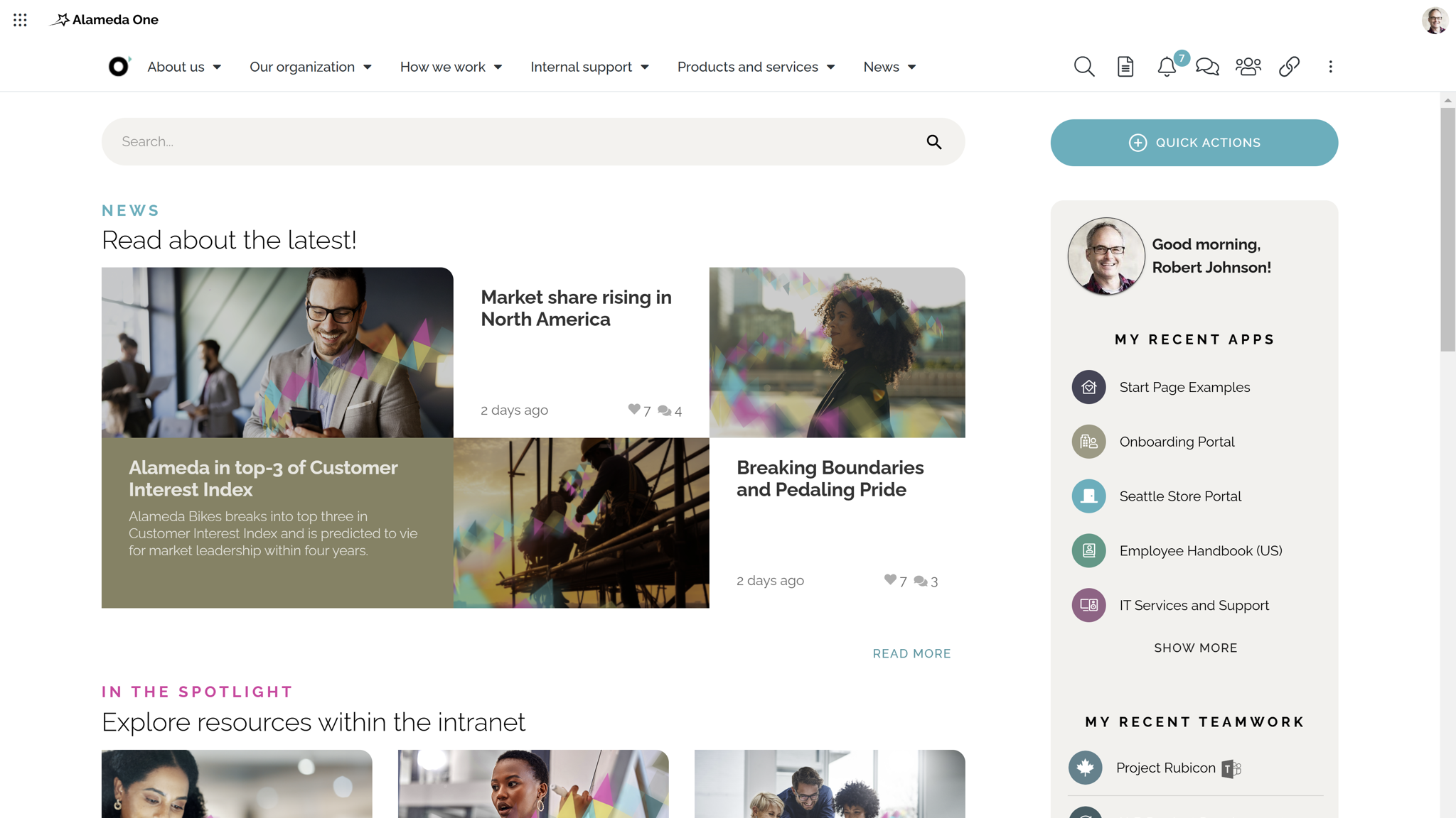 Cloud based intranet start page example with personalized content, navigation, and employee tools. Cloud based intranet start page example with personalized content, navigation, and employee tools.