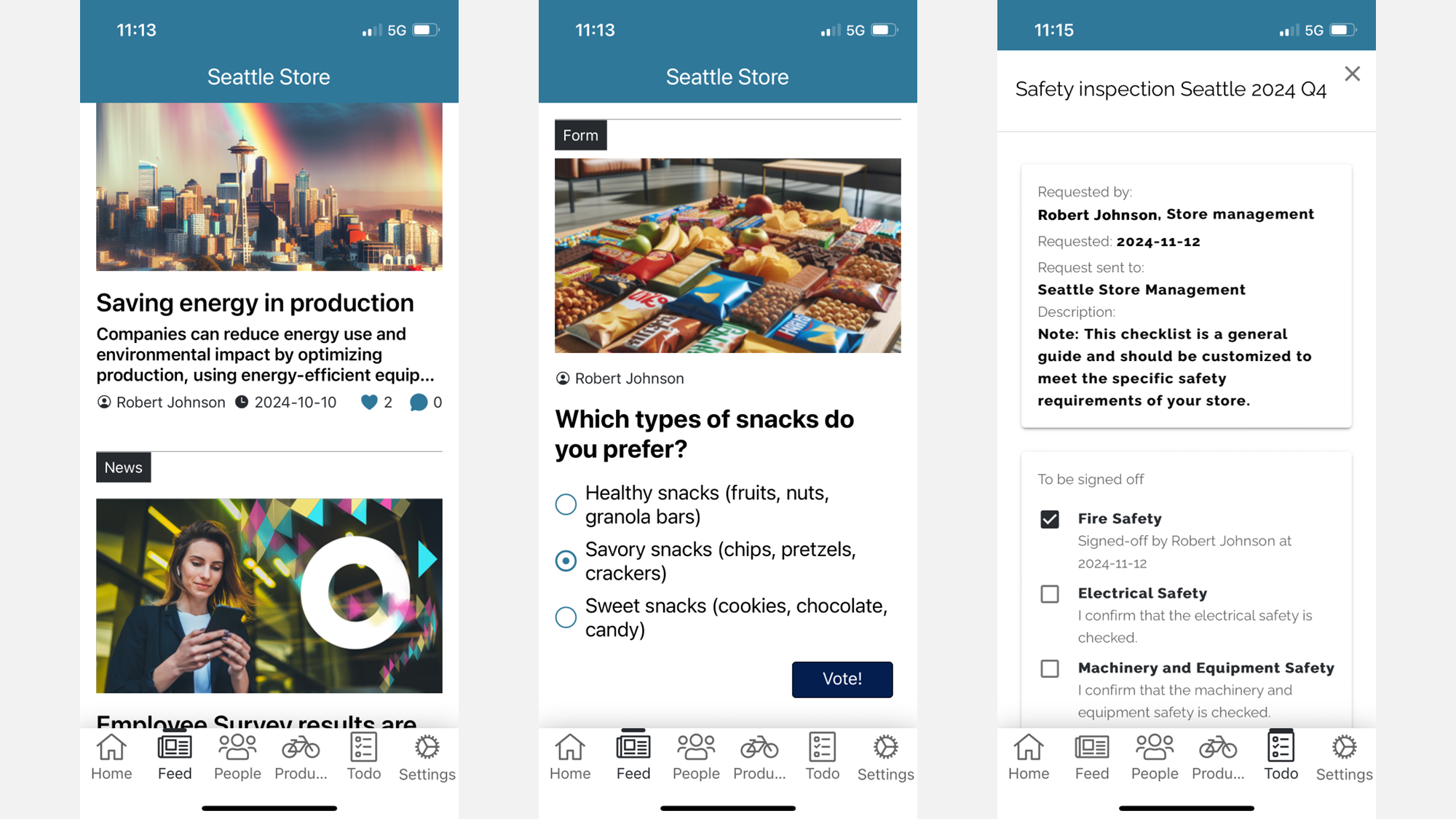 Mobile intranet app showing a personalized news feed, quick polls, and task completion features for frontline employees. Mobile intranet app showing a personalized news feed, quick polls, and task completion features for frontline employees.