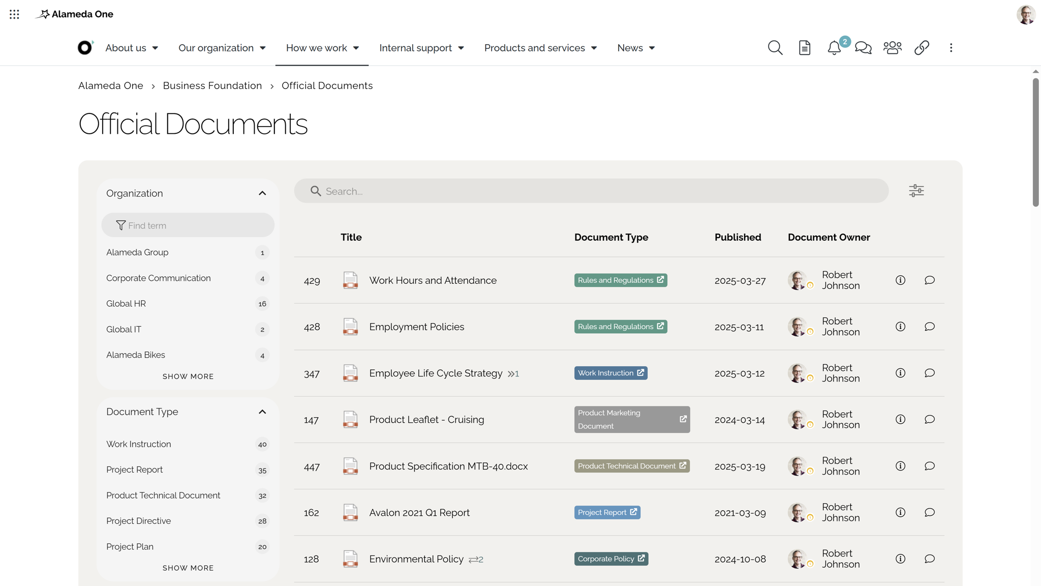 SharePoint intranet example: Intranet policy management hub with categorized, governed business documents. SharePoint intranet example: Intranet policy management hub with categorized, governed business documents.