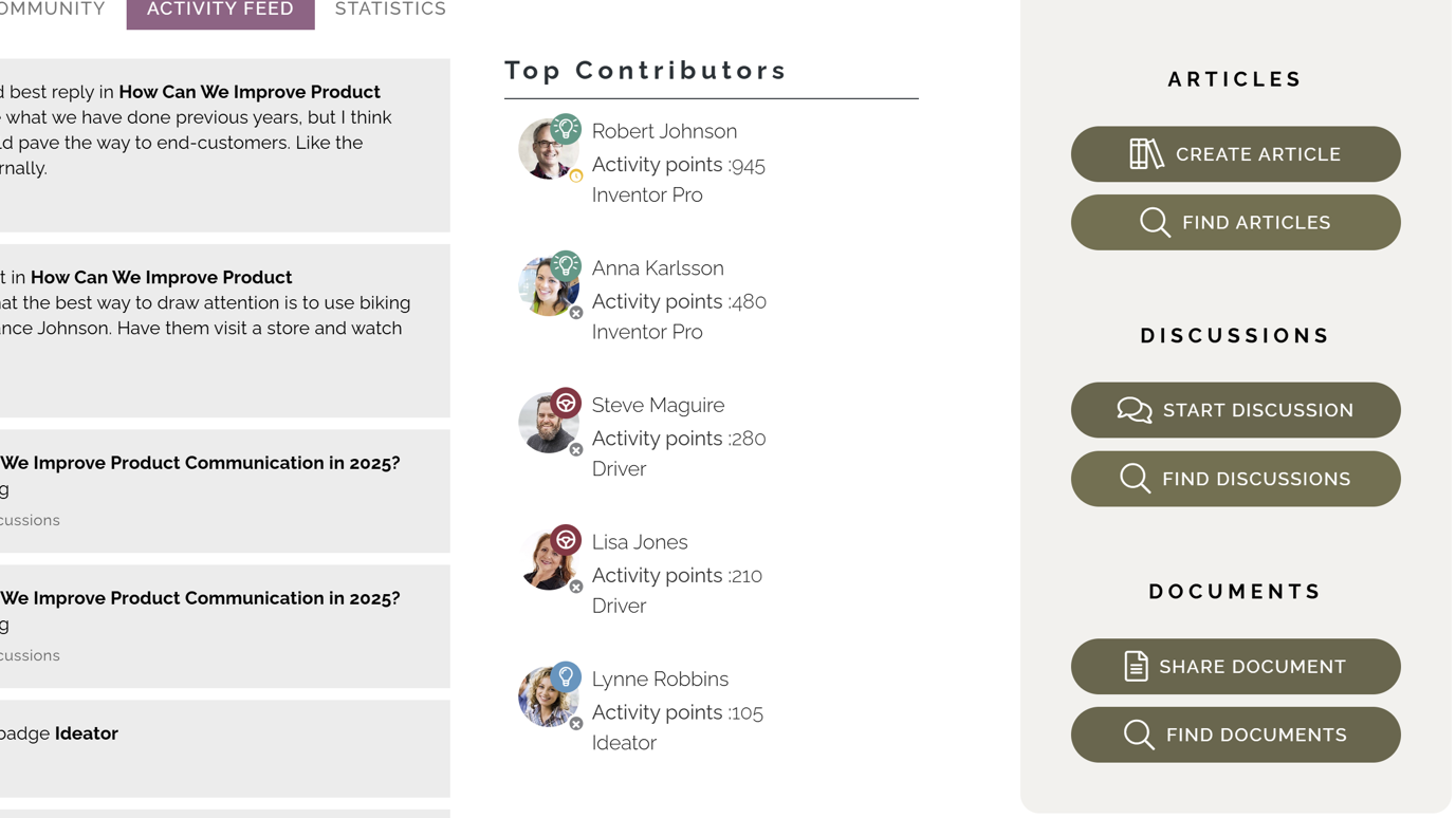 Intranet Design Example: Intranet community page showing gamification elements such as badges and a leaderboard for top knowledge contributors. Intranet Design Example: Intranet community page showing gamification elements such as badges and a leaderboard for top knowledge contributors.