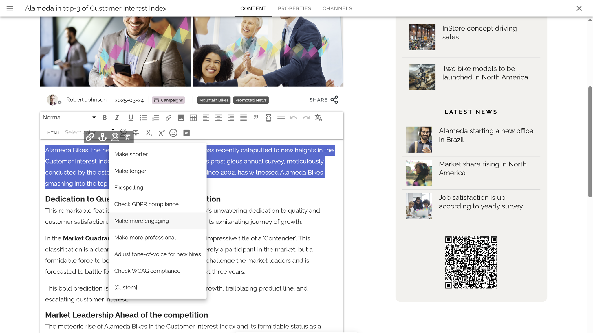 Internal communication intranet using AI tools to ensure consistent tone and alignment with company values. Internal communication intranet using AI tools to ensure consistent tone and alignment with company values.