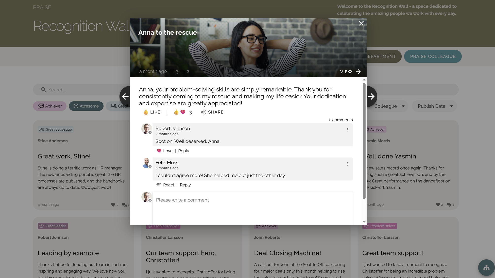 Intranet content ideas example featuring a colleague praise post on the intranet. Intranet content ideas example featuring a colleague praise post on the intranet.