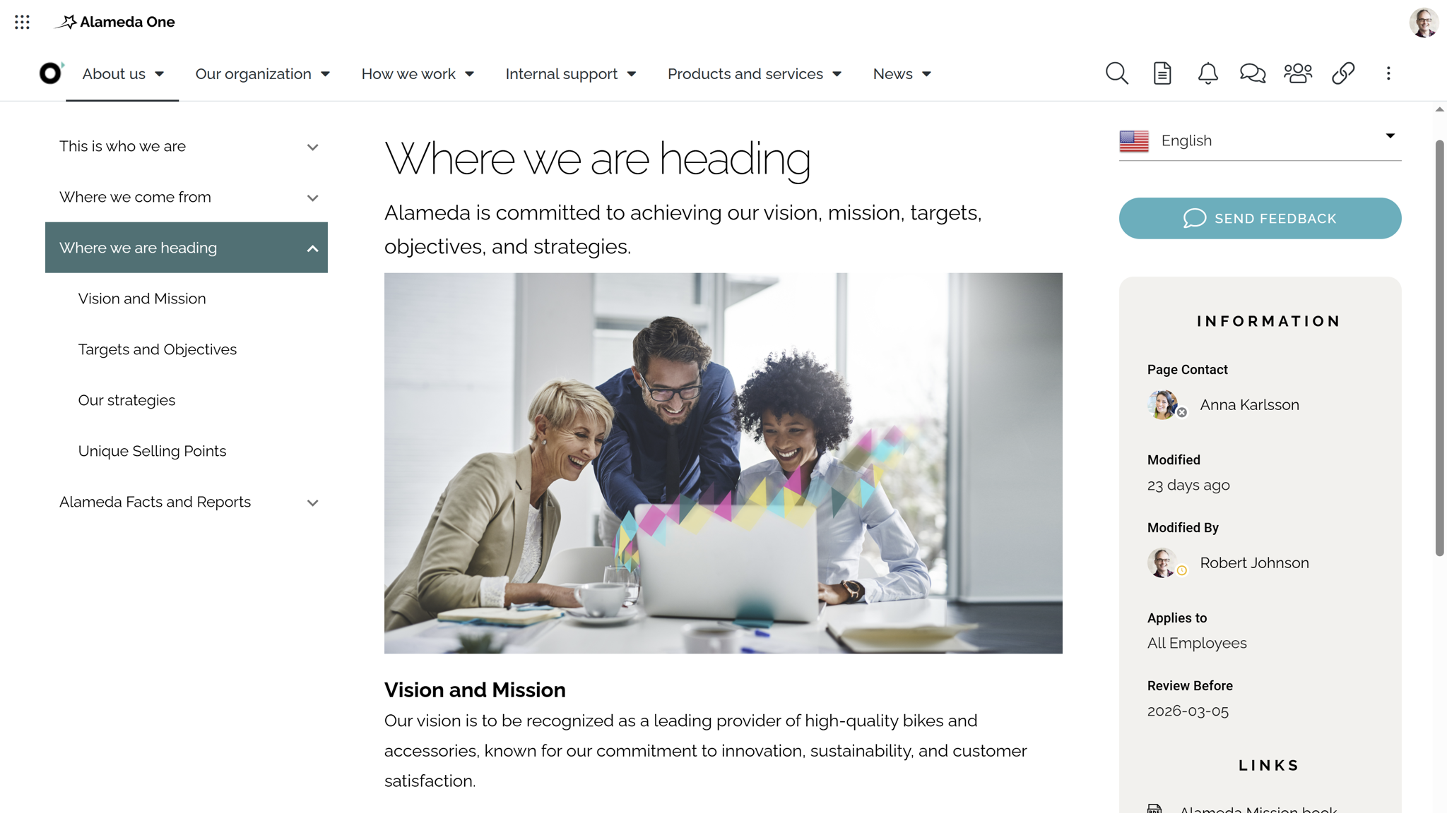 Intranet benefits for organizational alignment displayed through a section highlighting company vision, mission, and strategic goals. Intranet benefits for organizational alignment displayed through a section highlighting company vision, mission, and strategic goals.