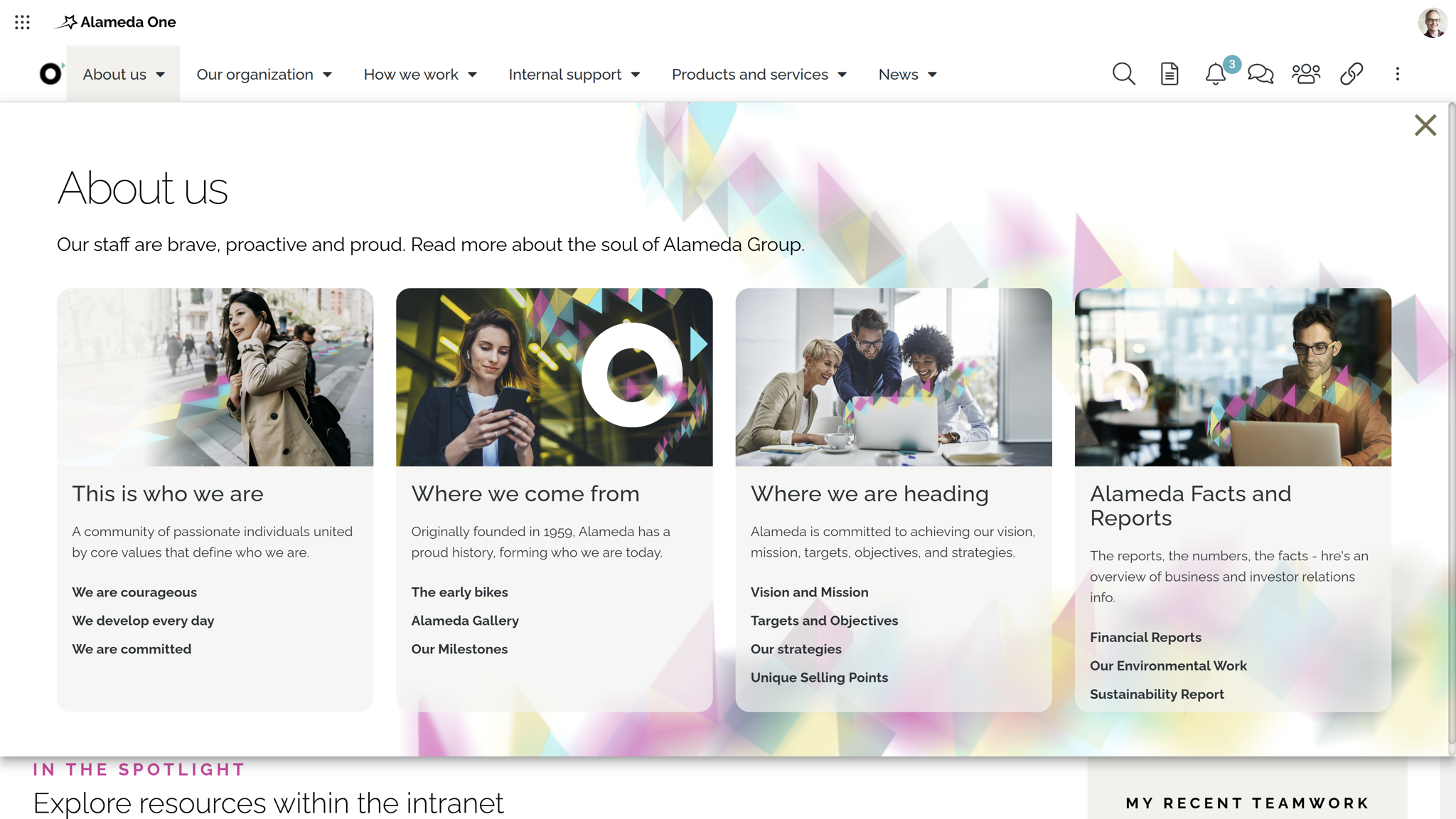 Intranet UX Example: Visual mega menus simplify navigation and improve usability across the intranet. Intranet UX Example: Visual mega menus simplify navigation and improve usability across the intranet.