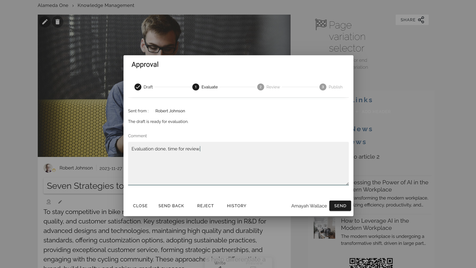 Intranet for Government Example: multi-step page approval workflow demonstrating content governance and compliance within a modern government intranet solution. Intranet for Government Example: multi-step page approval workflow demonstrating content governance and compliance within a modern government intranet solution.