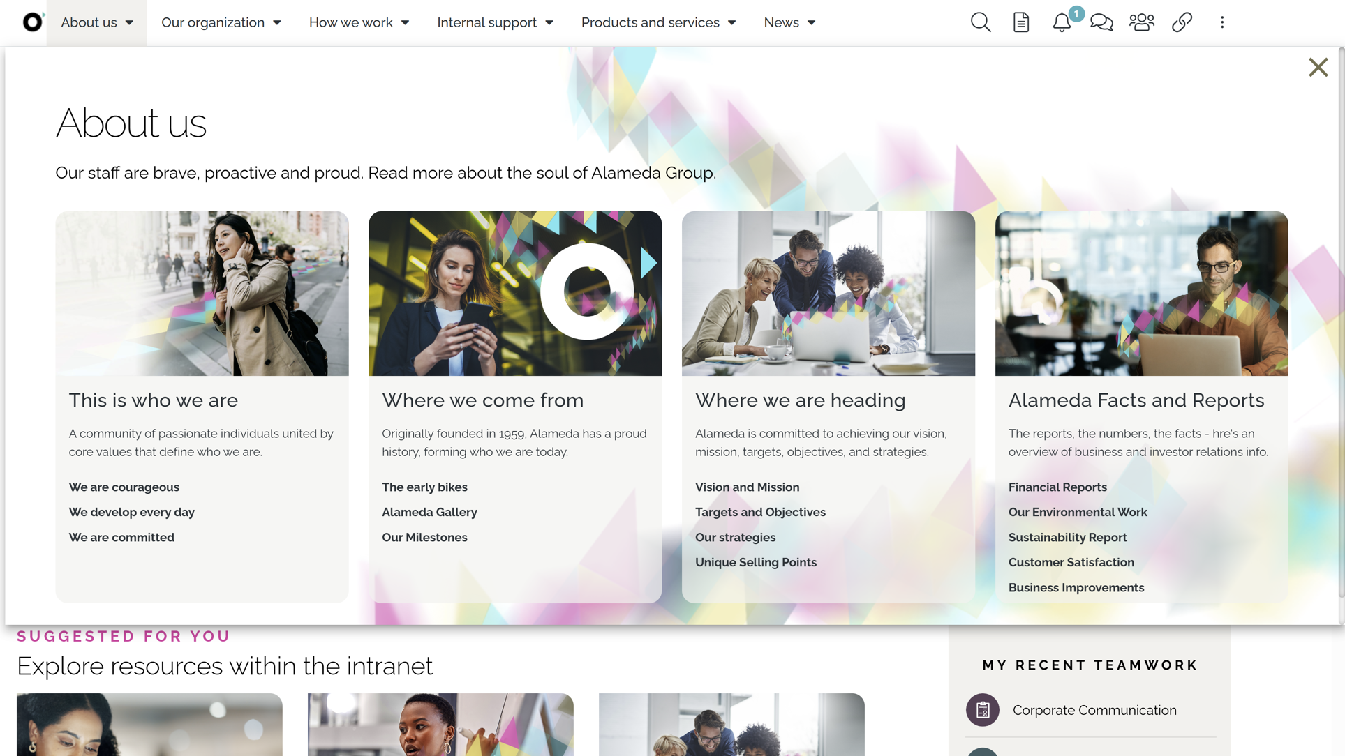 Visual megamenu in a modern intranet improving employee experience through clear navigation and fast access to information. Visual megamenu in a modern intranet improving employee experience through clear navigation and fast access to information.