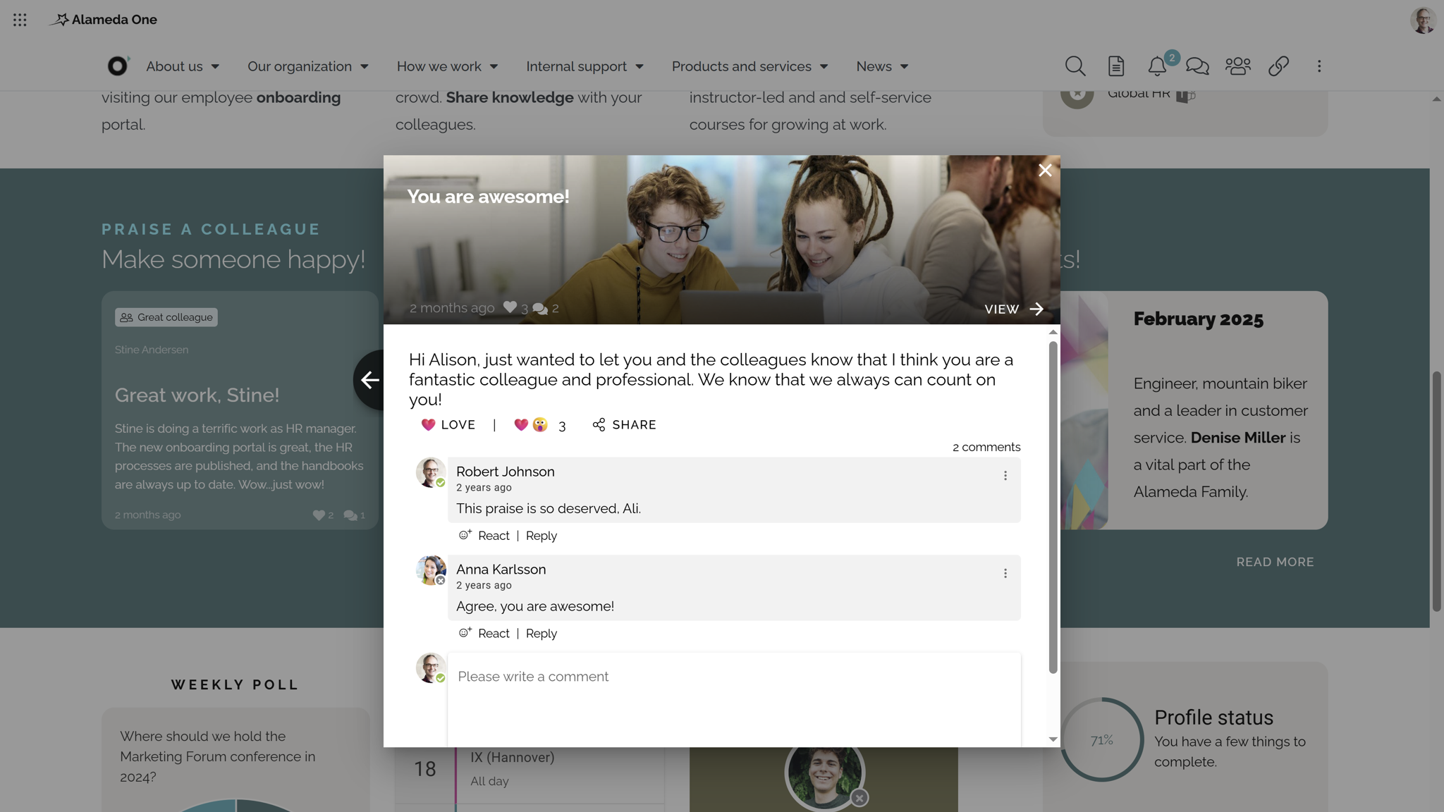 SharePoint Intranet Example: Employee recognition feed showcasing praise posts and team achievements. SharePoint Intranet Example: Employee recognition feed showcasing praise posts and team achievements.