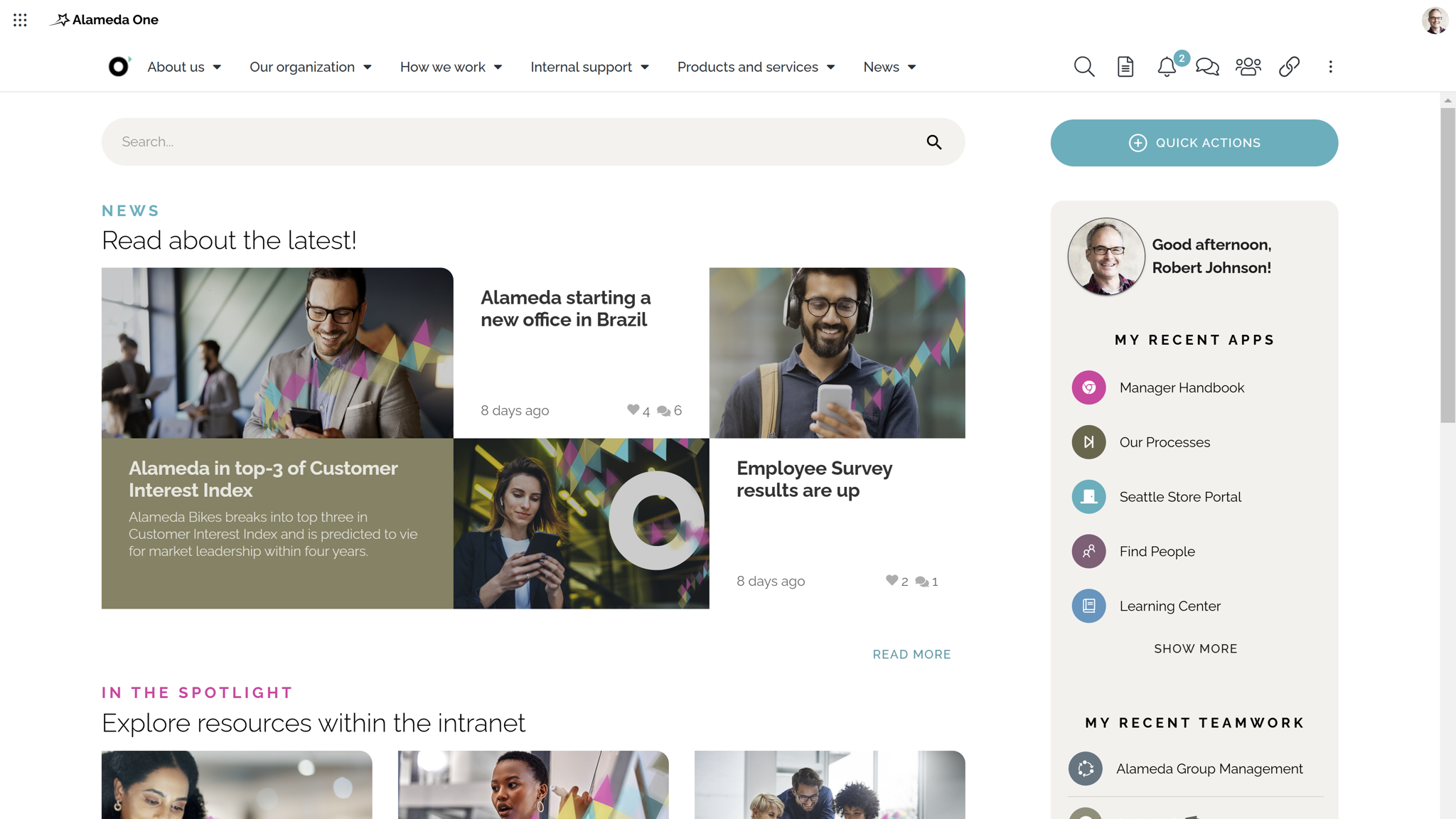 Modern intranet features example: personalized start page with role-based content, navigation, and user-specific tools. Modern intranet features example: personalized start page with role-based content, navigation, and user-specific tools.