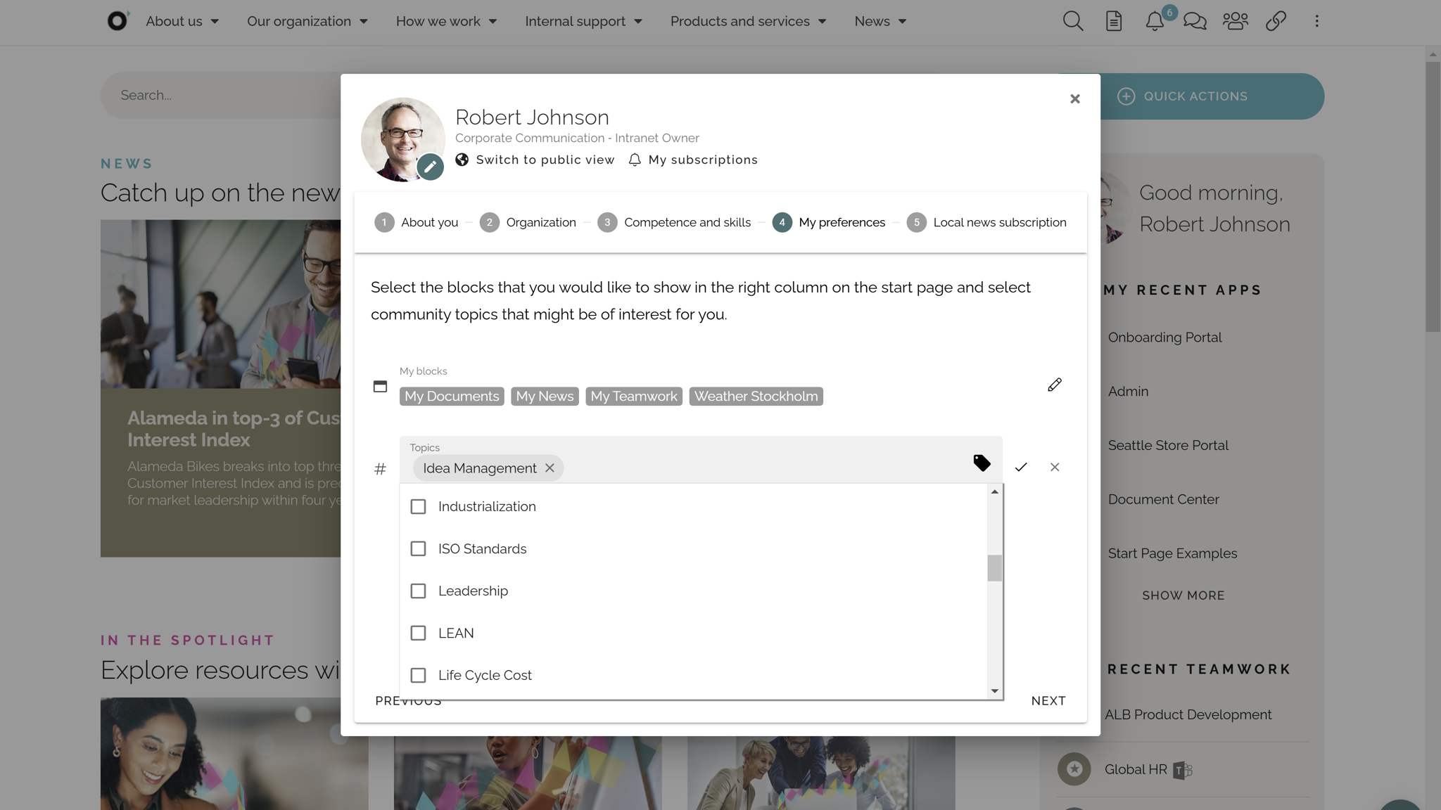 Intranet UX Example: Personalized start page with role-based content blocks and targeted news feeds. Intranet UX Example: Personalized start page with role-based content blocks and targeted news feeds.
